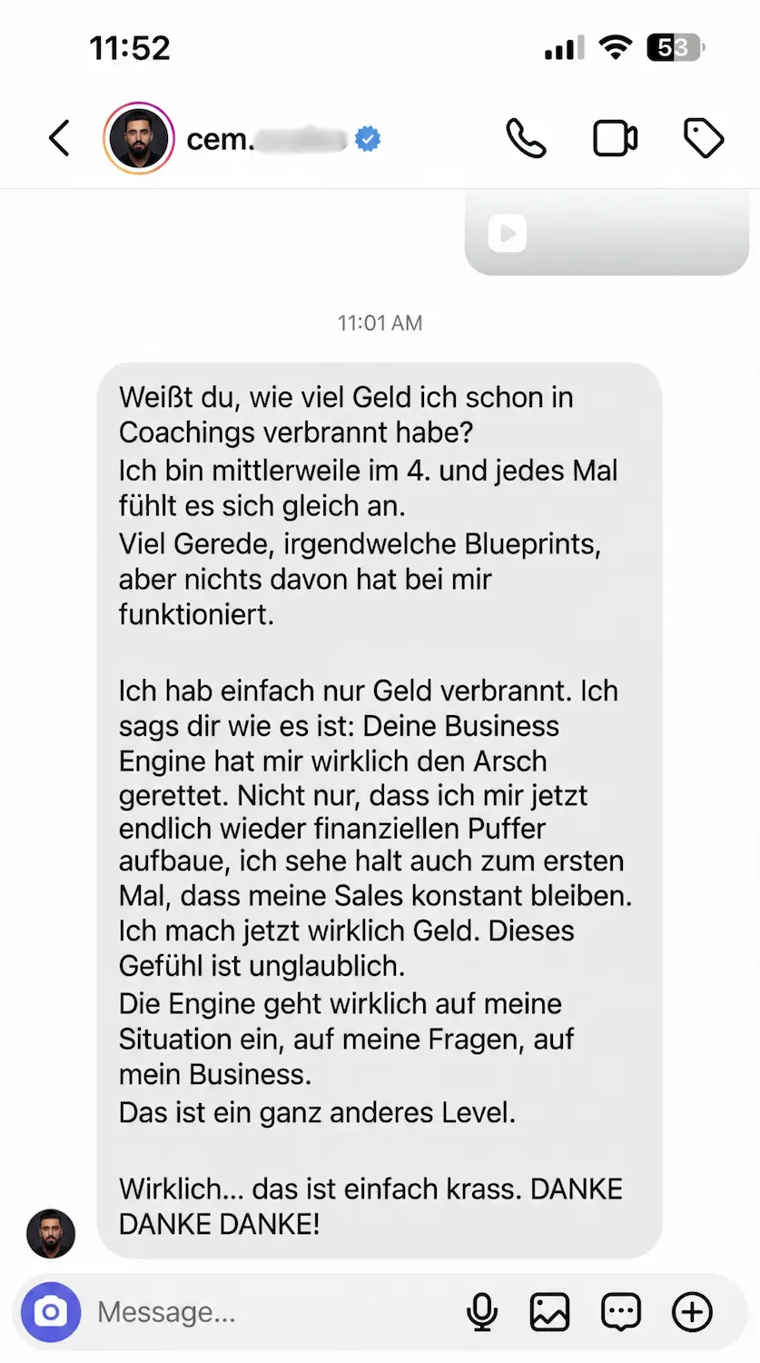 Instagram-Nachricht auf Deutsch über positive Erfahrungen mit einem Business-Engine-Coaching.