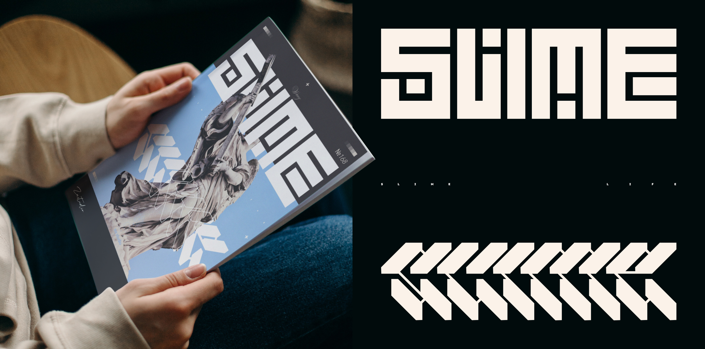 Person holding a magazine titled 'Slime' featuring a statue against a blue sky, alongside stylized text and abstract geometric patterns.