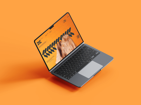 Gray laptop open displaying an orange screen with a black arrow pattern and a rock image, set against an orange background.