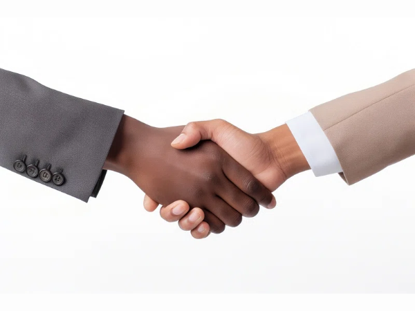 Two people in business attire shaking hands, symbolizing partnership or agreement.
