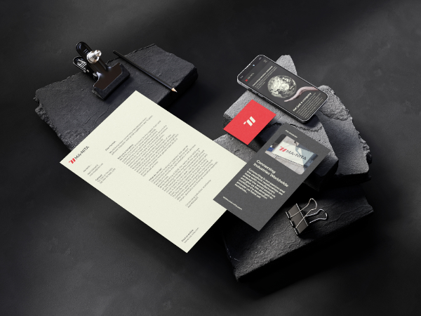 Office stationery including a letterhead, business cards, a smartphone displaying a globe, a pencil, and black binder clips arranged on dark textured stone slabs.