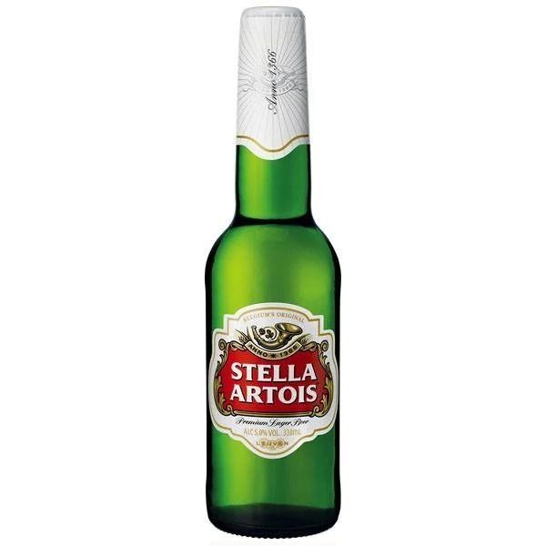 A bottle of Stella Artois beer.