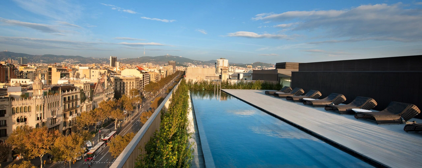 The rooftop dipping pool on the Terrat at Mandarin Oriental Barcelona, looking down Passeig de Gracia