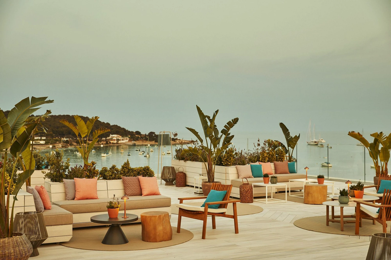 Sea-facing terrace lounge at Nobu Hotel Ibiza Bay overlooking Talamanca bay