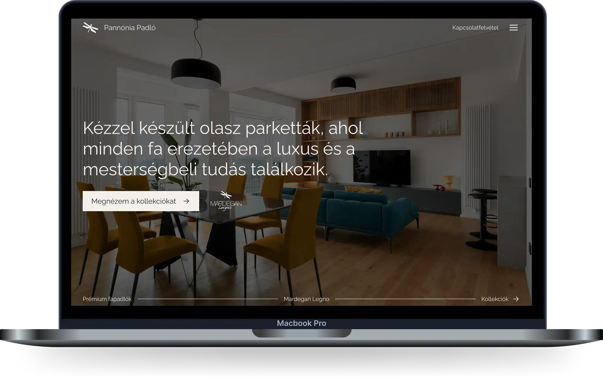 A képen a weboldal készítést mutatjuk be, ahogy a pannoniapadlo.hu oldal kezdőképernyője látszik egy laptop eszközön.