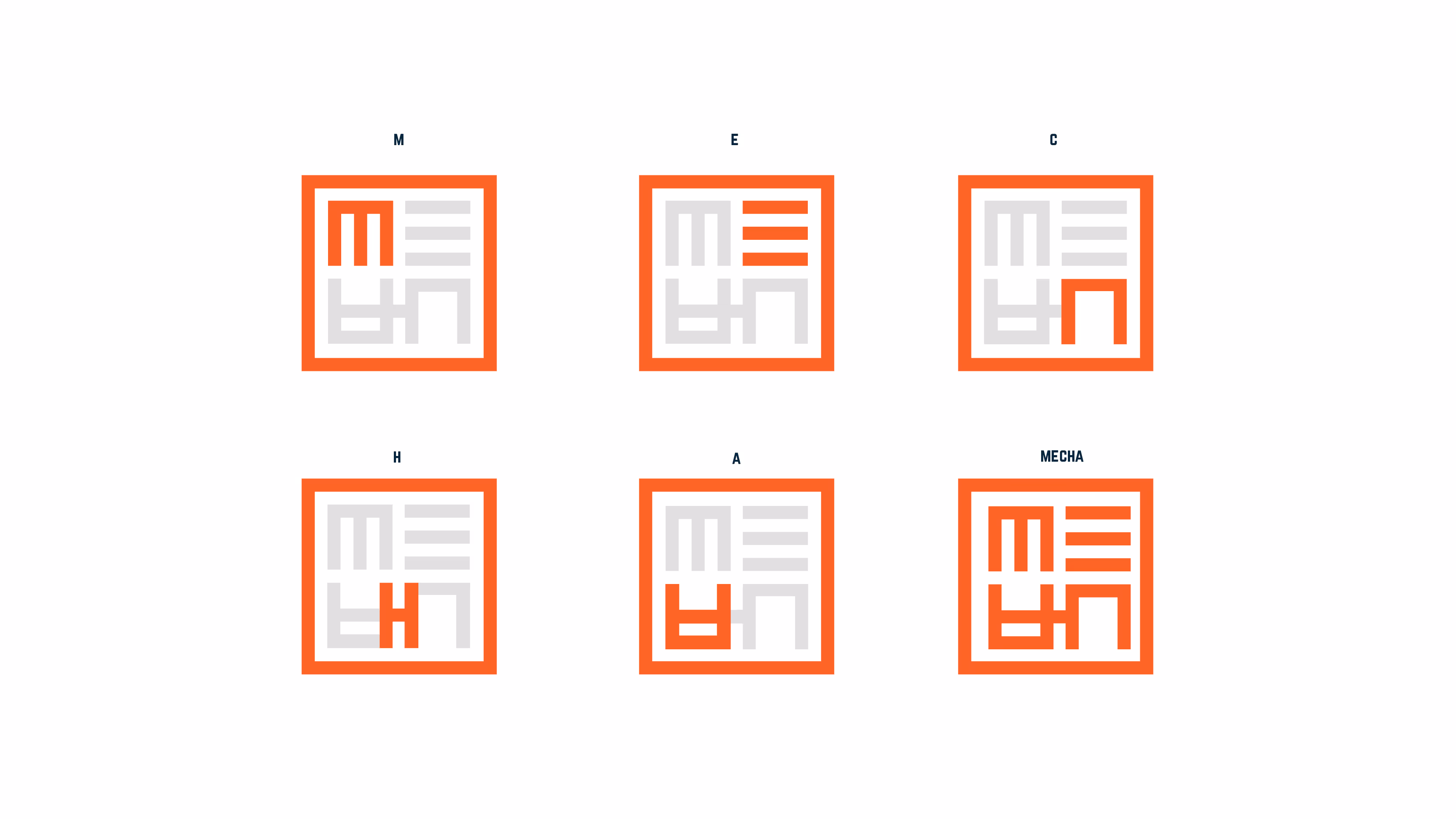 Visual representation of the Mecha Noodle Bar logo design process, illustrating how individual letter icons combine and transform to create the complete and distinctive brand mark.