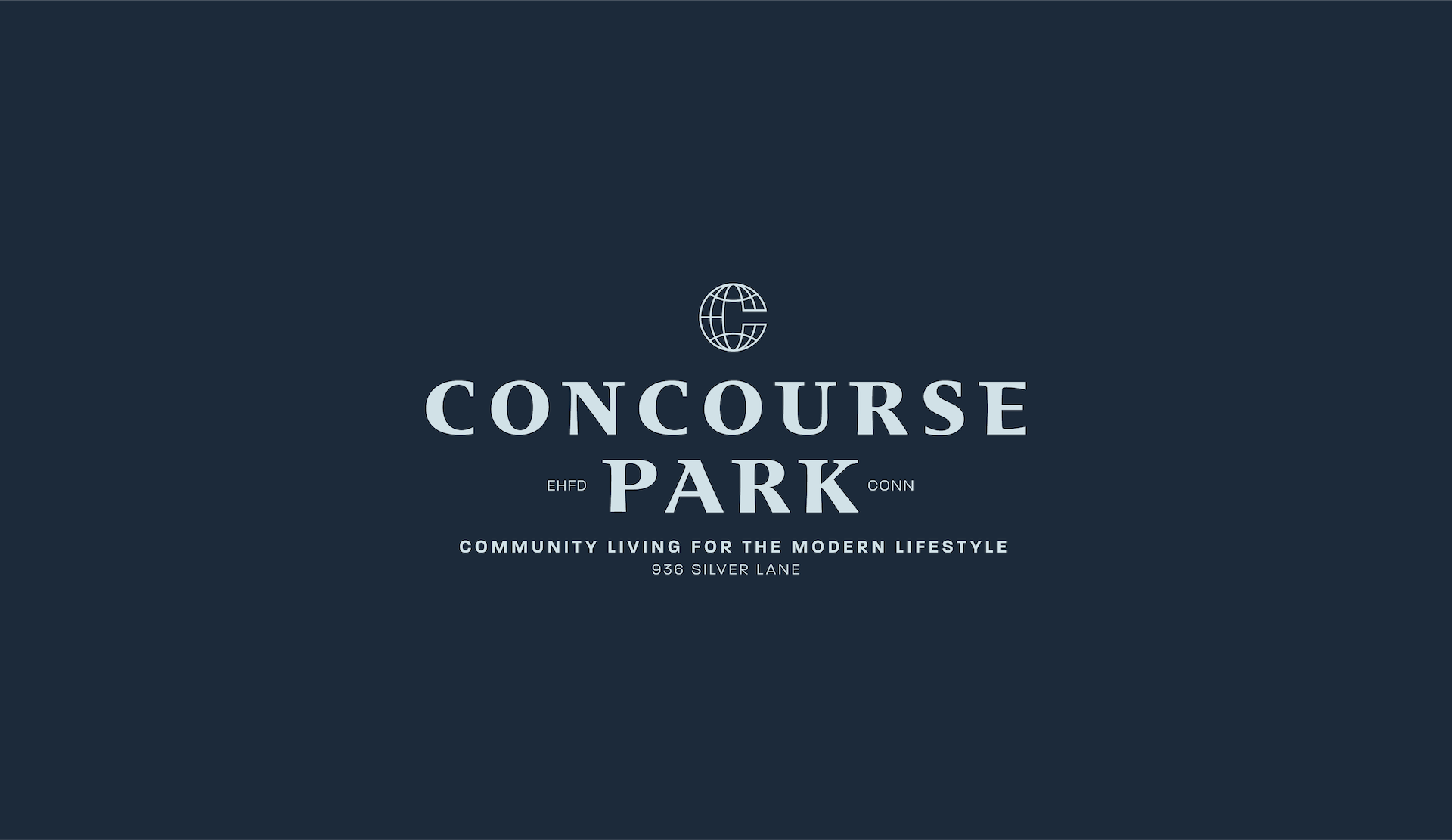 Branding for Concourse Park, highlighting its sophisticated design with a symbolic globe icon, that shapes into the letter "C."