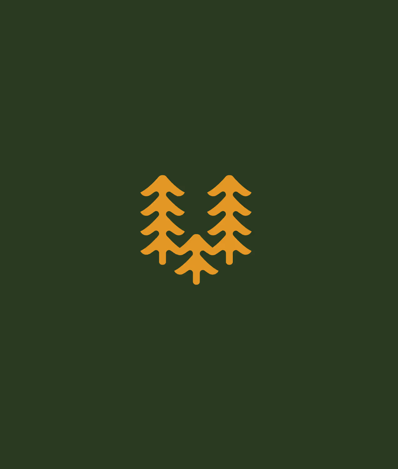 The icon utilizes simplified geometric shapes to represent three pine trees. The trees are rendered in a golden-yellow color, contrasting with the dark green background. The arrangement creates a sense of symmetry and balance.