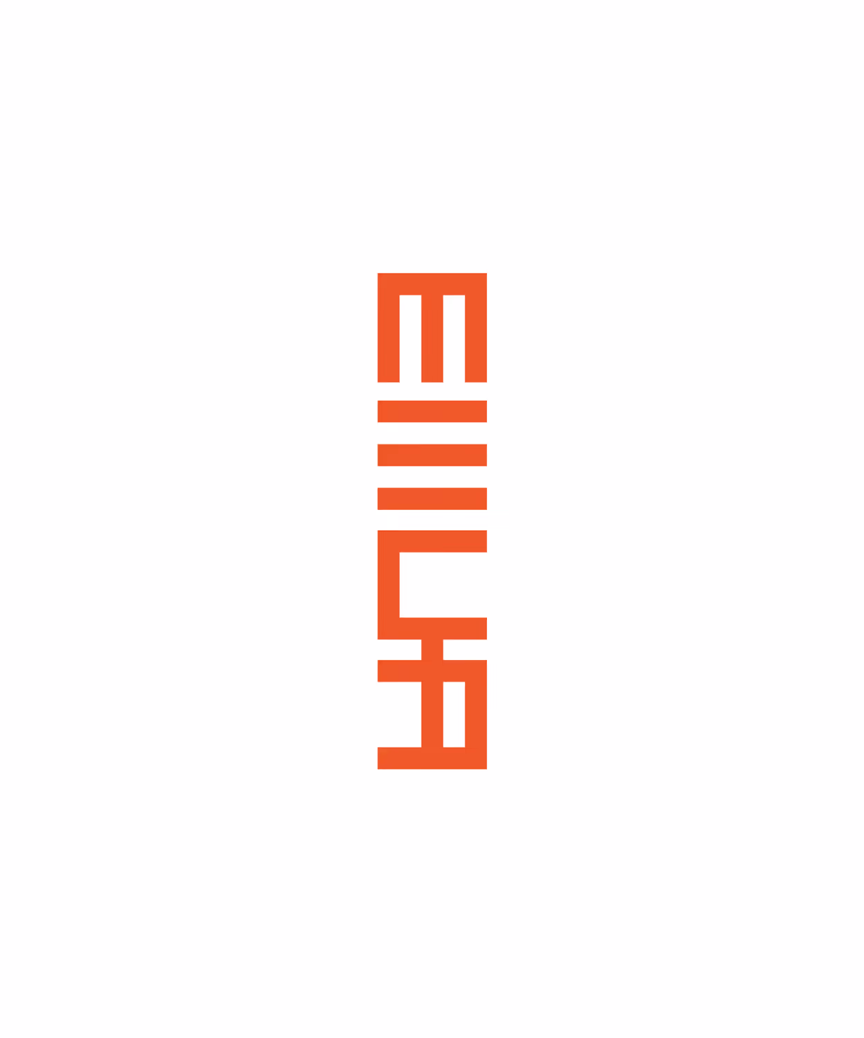 Vertical, typographic logo for MECHA, featuring the letters stacked in a bold, geometric sans-serif font with a unique, slightly irregular structure, set against a clean white background. The letters are a vibrant orange.