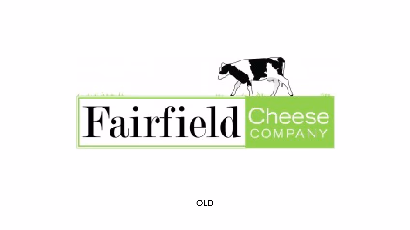 Image showcasing Fairfield Cheese Company's old logo, featuring a black and white cow icon above the company name in a rectangular frame with green accents.