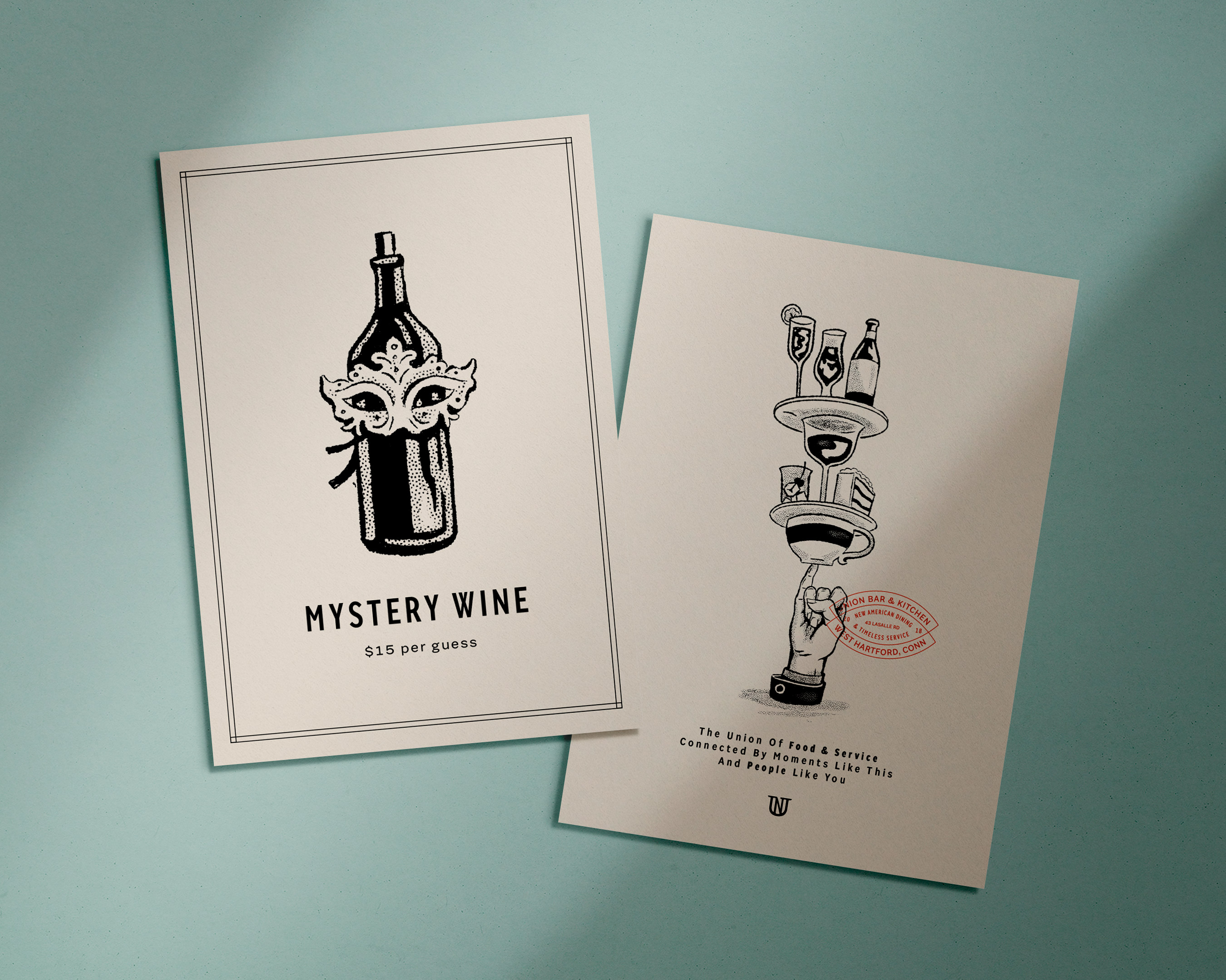 A postcard advertising Union Kitchen's "Mystery Wine", with an illustration of a bottle of wine with a masquerade mask.