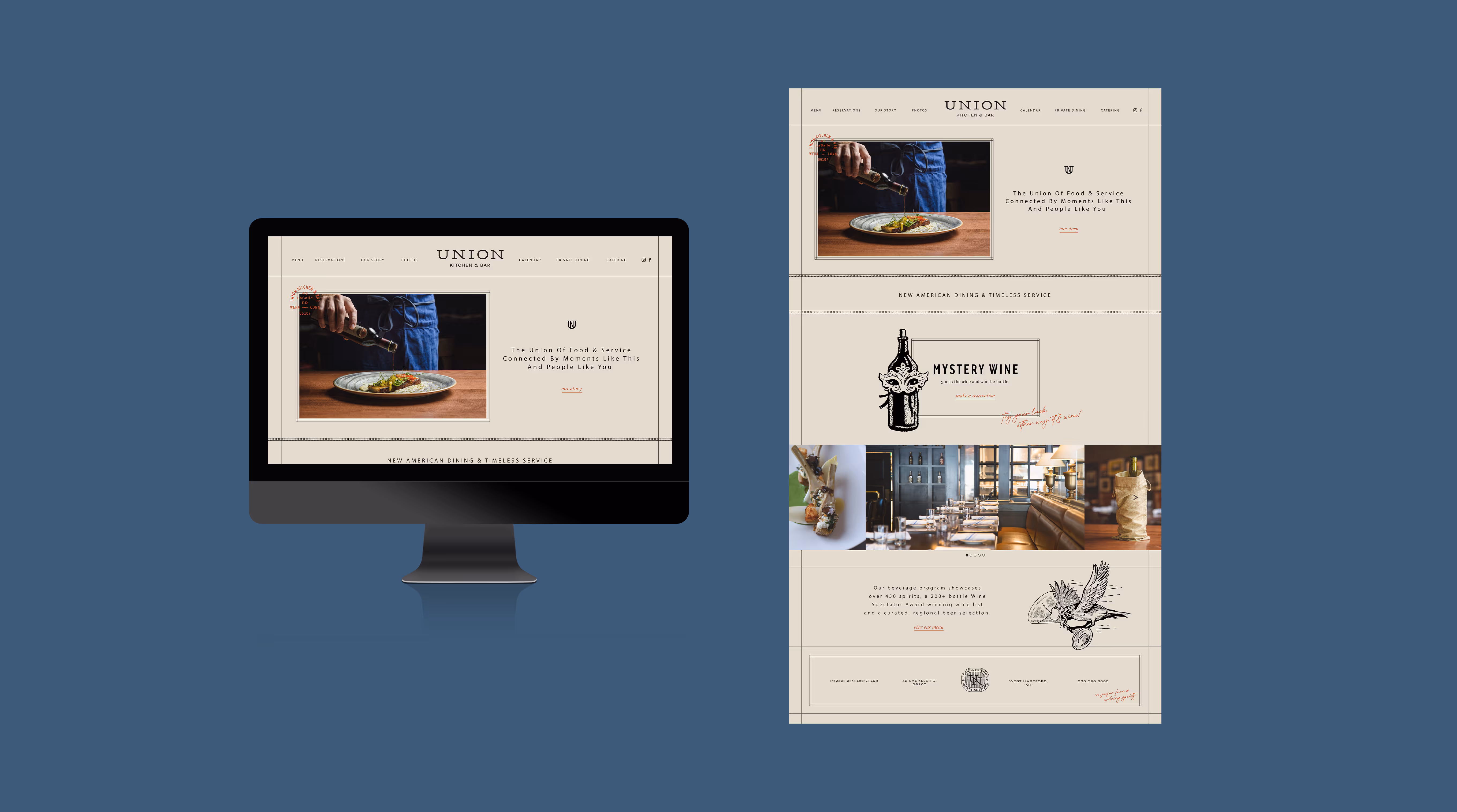 A website landing page for Union Kitchen, with elegant photography and the brand illustration set flowing throughout.