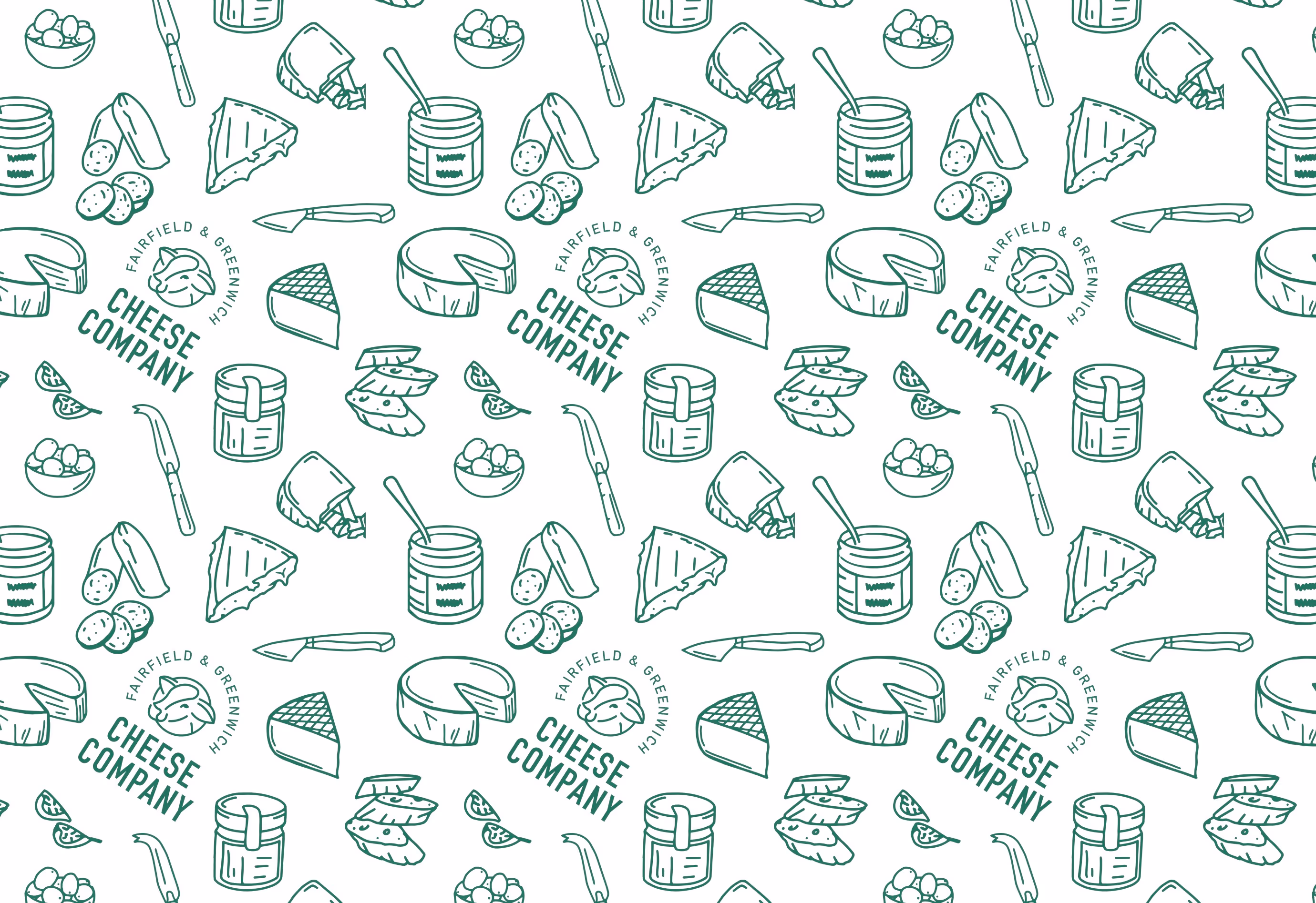 Seamless repeating pattern featuring line art illustrations of cheese wedges, cheese knives, jars with spoons, bowls, and the Fairfield Cheese Company logo, all in a light green on a white background.