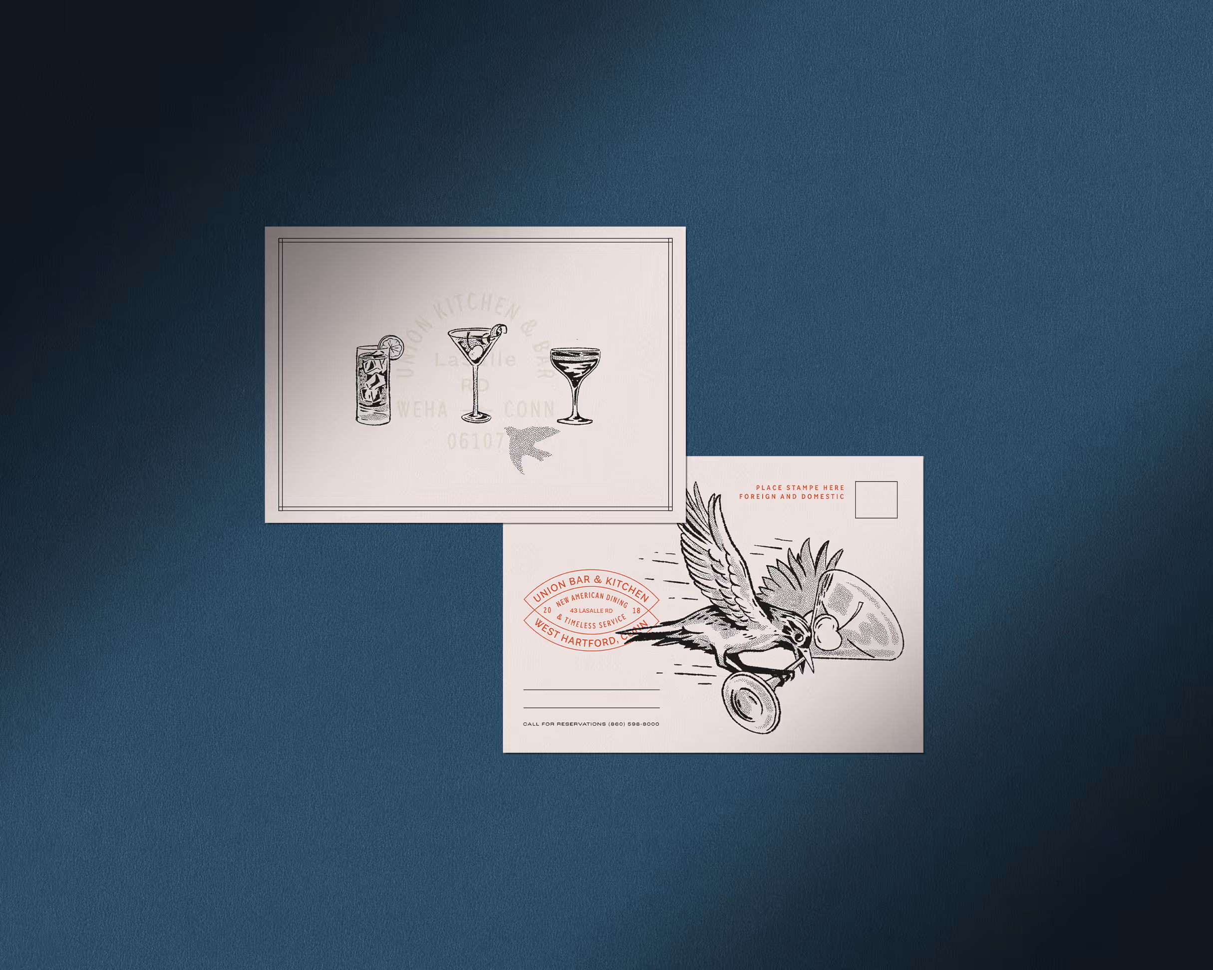 A mockup of a postcard design, with the front featuring illustrated cocktails, and the back showing a bird carrying one away.