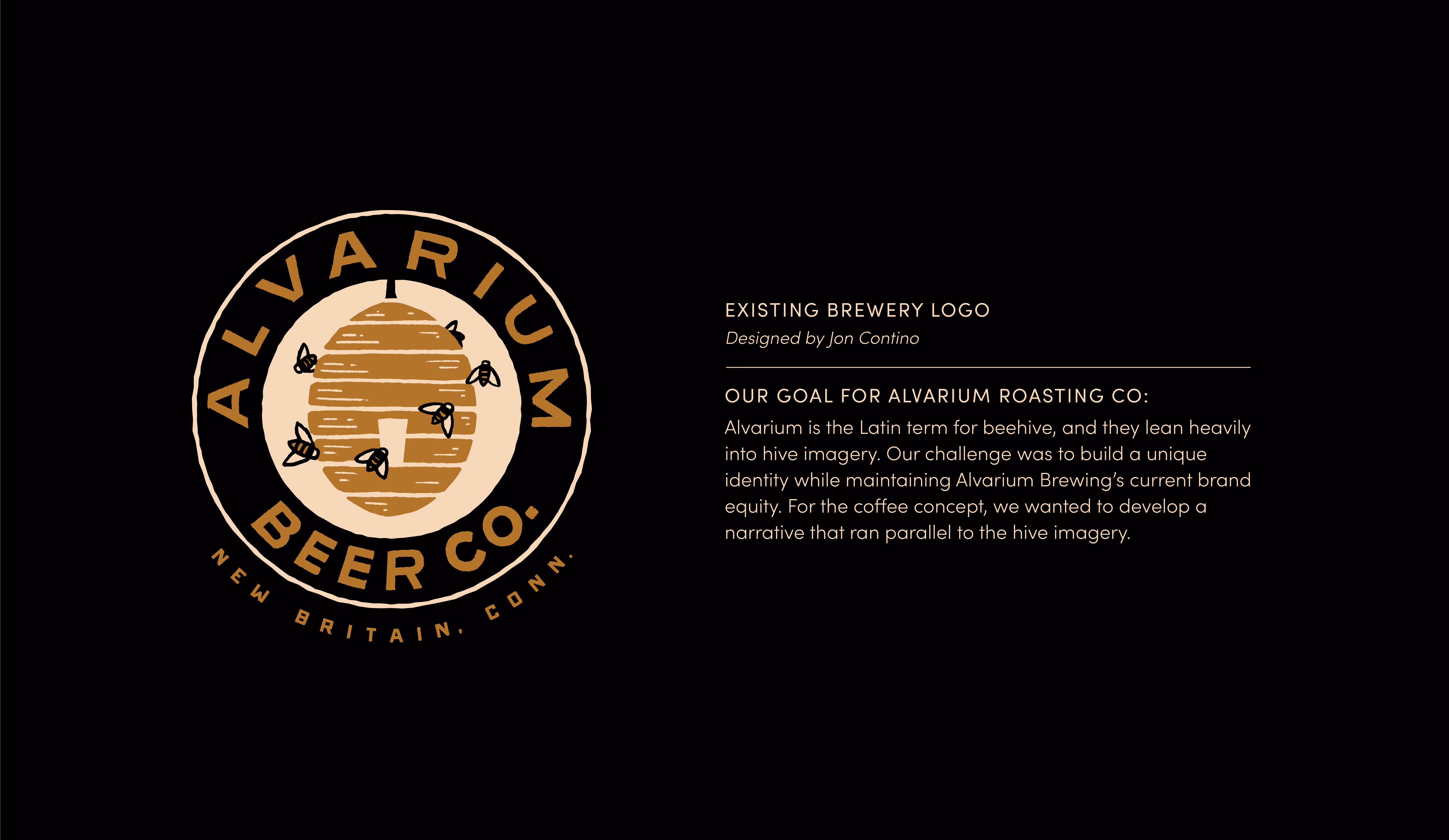 Image of a design brief outlining the goals for Alvarium Roasting Co.'s branding, including maintaining brand equity with Alvarium Brewing while developing a unique identity based on hive imagery and a parallel narrative.