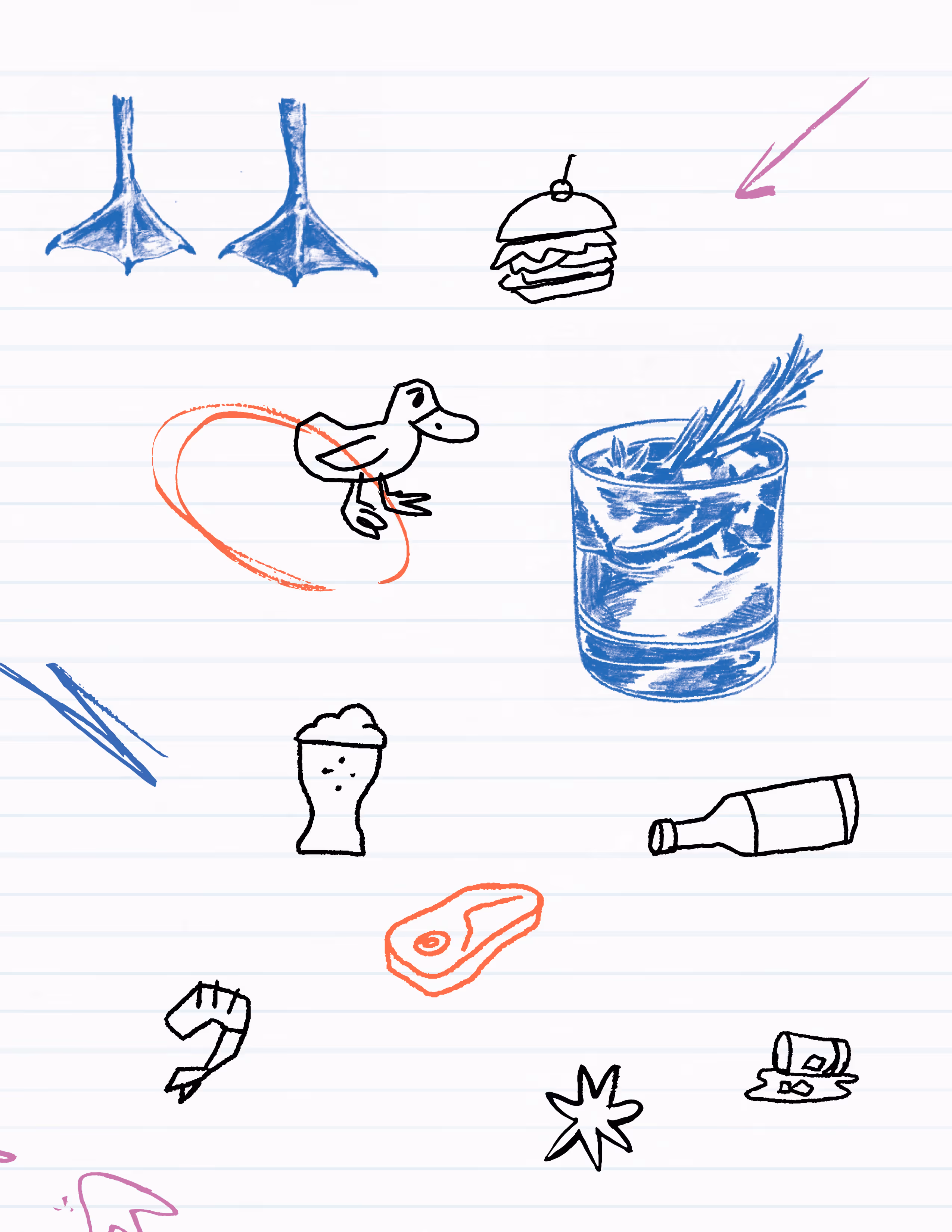 Graphic of sketched icons highlighting different culinary and beverage elements, emphasizing the casual and hand-crafted aesthetic through line art and a limited color palette.