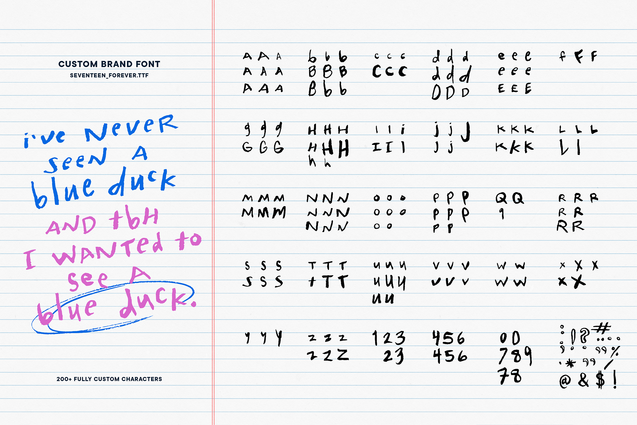 Photo of a character set design sheet, emphasizing the hand-crafted aesthetic of the custom font through sketched letterforms, numerals, and phrases, revealing the thought process behind the typeface creation.
