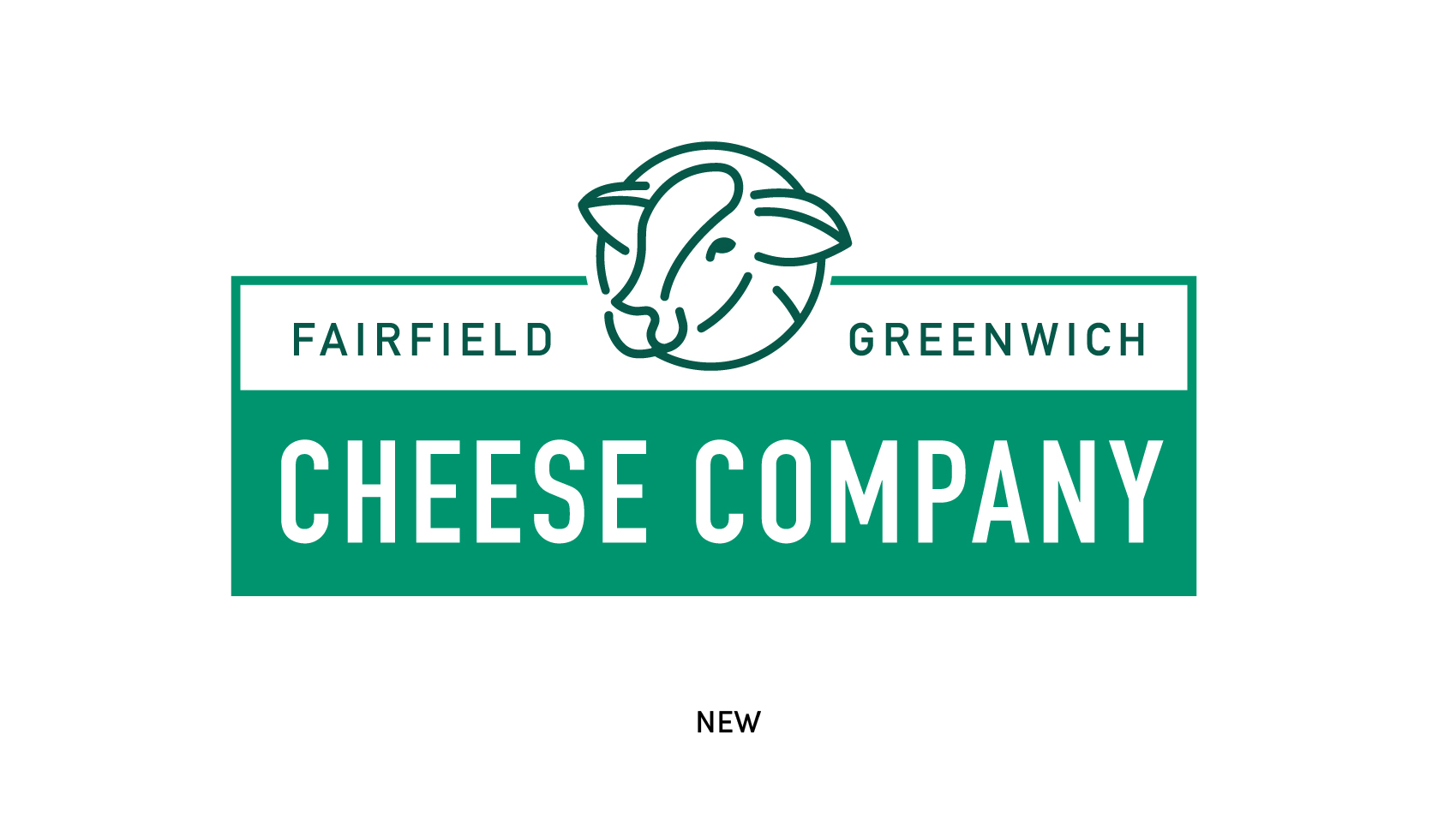 New logo for Fairfield Cheese Company featuring a stylized cow head icon above the company name in a bold, rectangular frame with a two-tone green color scheme.