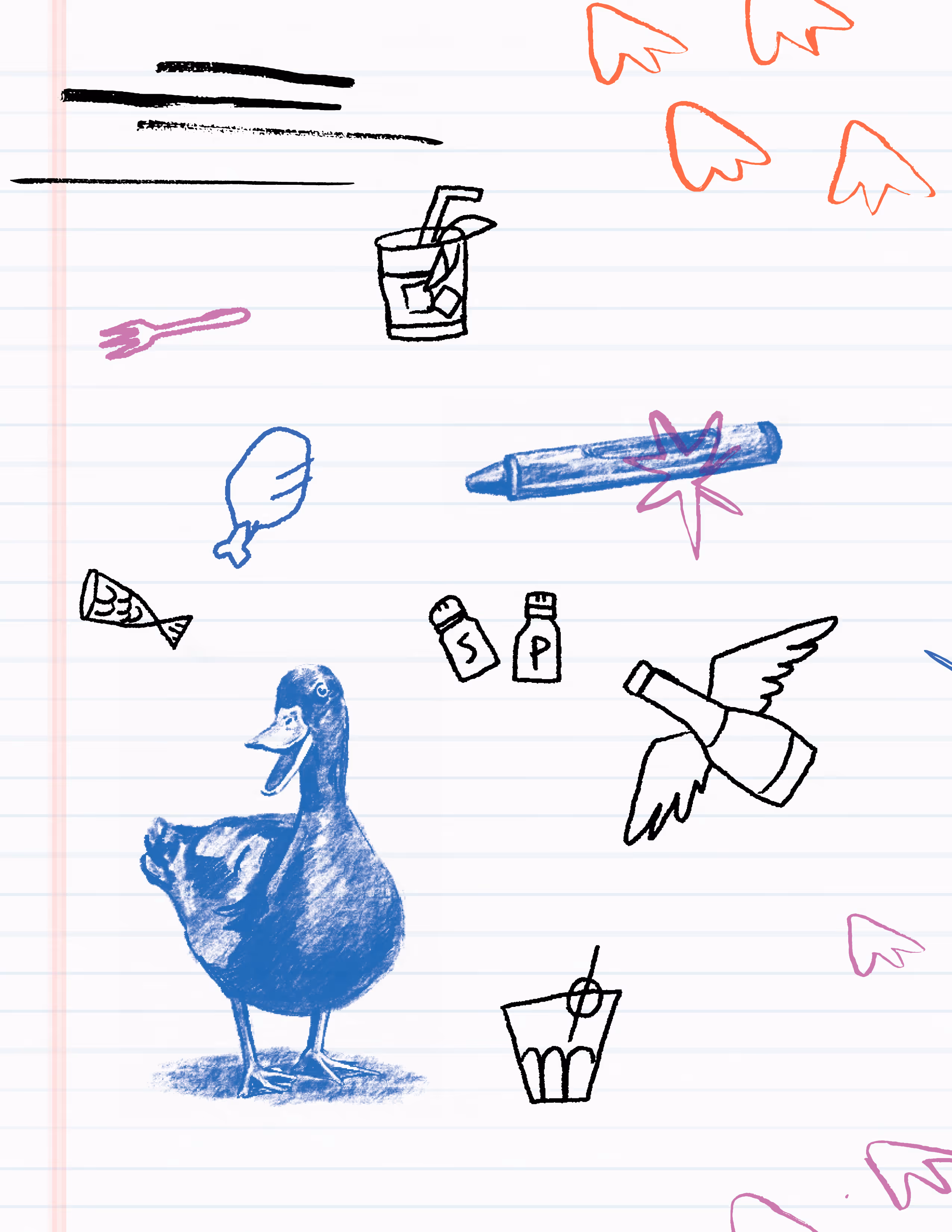 Image of a page filled with scribbles and diverse hand-drawn illustrations, including a duck, food items, and various objects, showcasing a whimsical and informal artistic style.