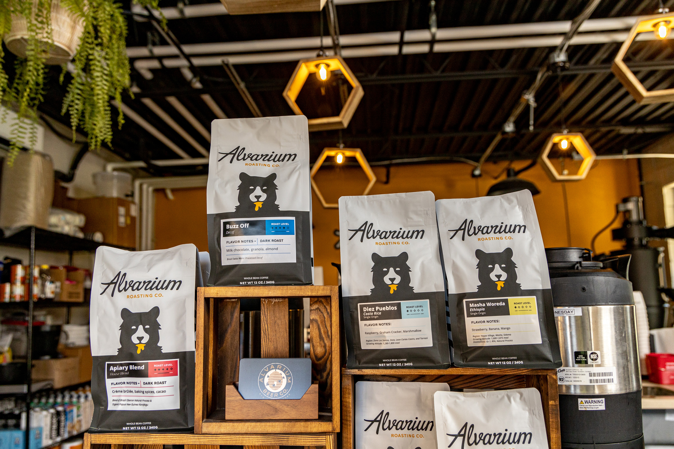 Image of various Alvarium Roasting Co. coffee bags arranged on wooden shelves, showcasing the brand's packaging design with its bear logo, typography, and color variations for different blends.