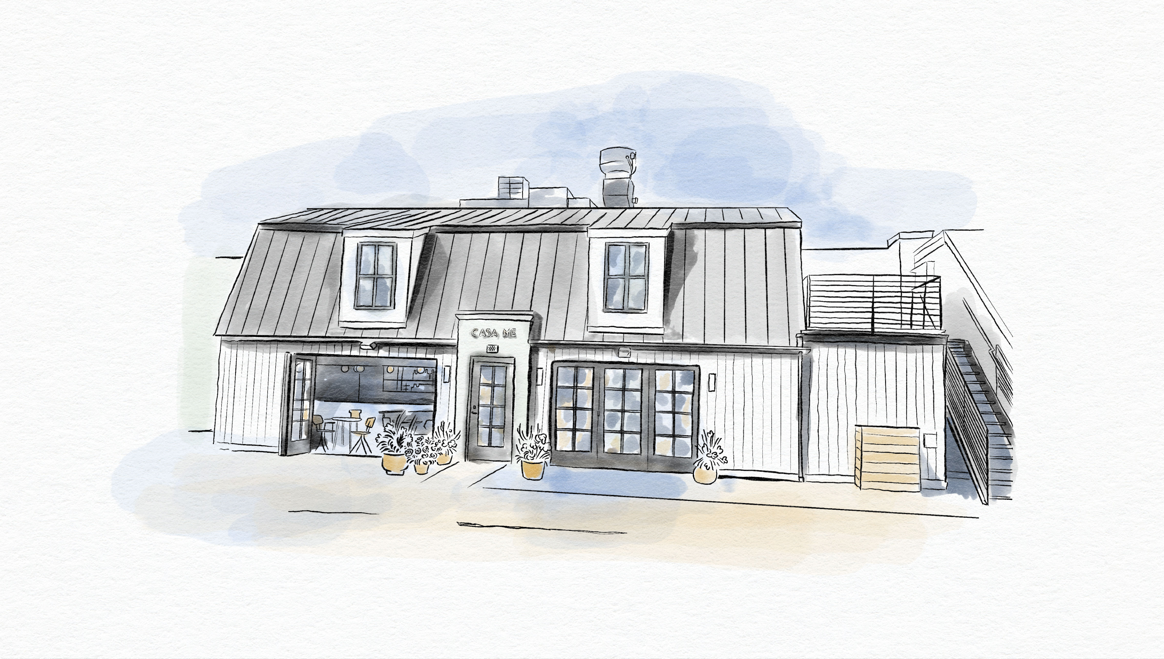 Illustration of the Casa Me building, featuring a two-story structure with a distinctive sloped roof, large windows, and the "Casa Me" logo above the entrance.