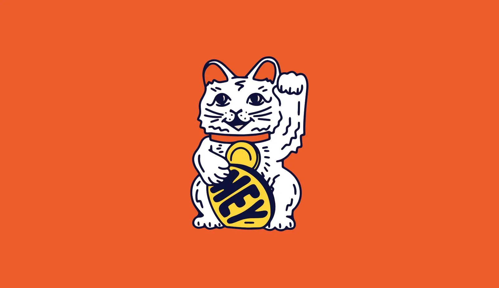 Stylized line art illustration of a seated, waving lucky cat (Maneki Neko) with a contrasting orange collar and a yellow oval coin featuring the word "HEY," set against a solid orange background.