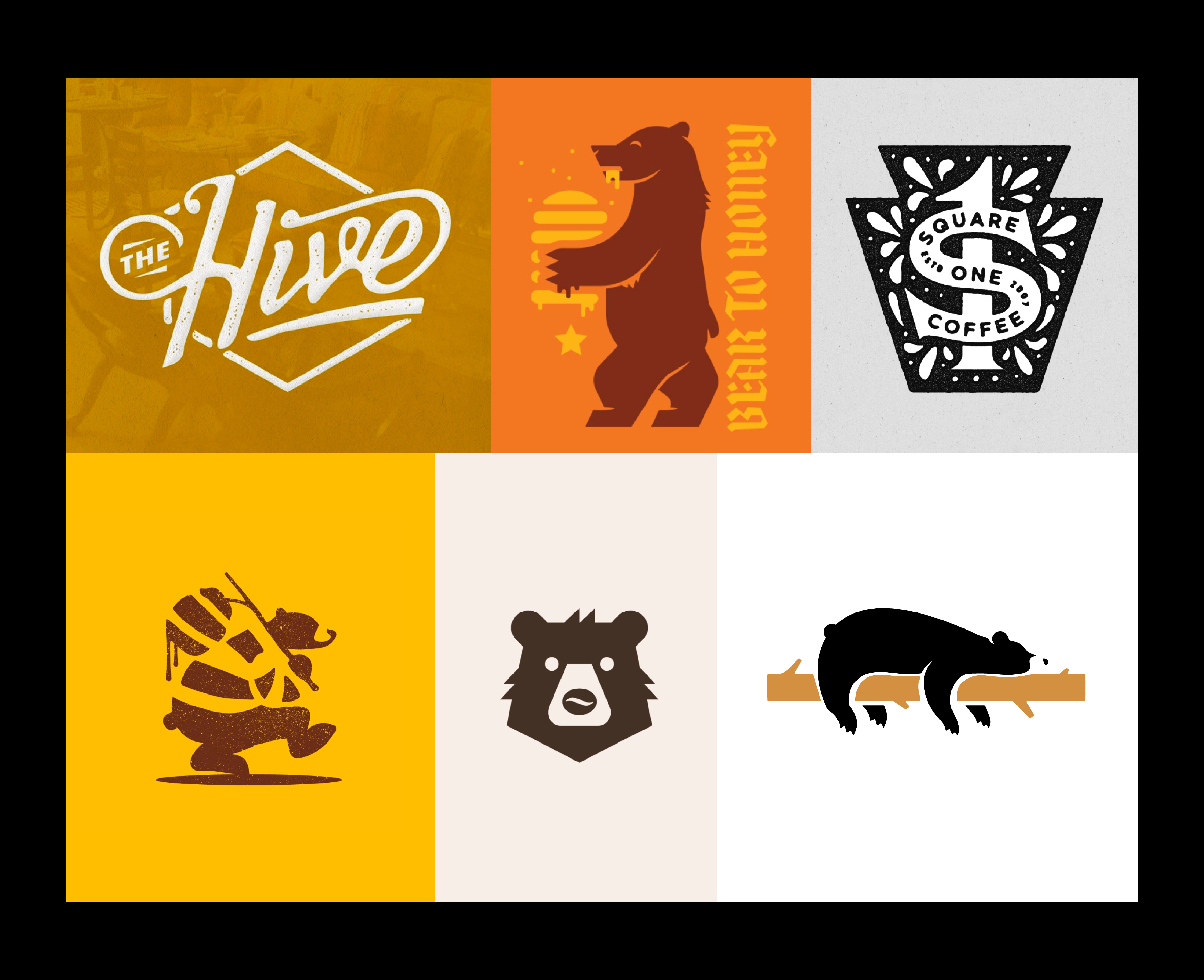 Image of a mood board showcasing various design concepts for Alvarium Roasting Co., featuring logos, illustrations, and typographic treatments related to bees, bears, honey, and coffee.