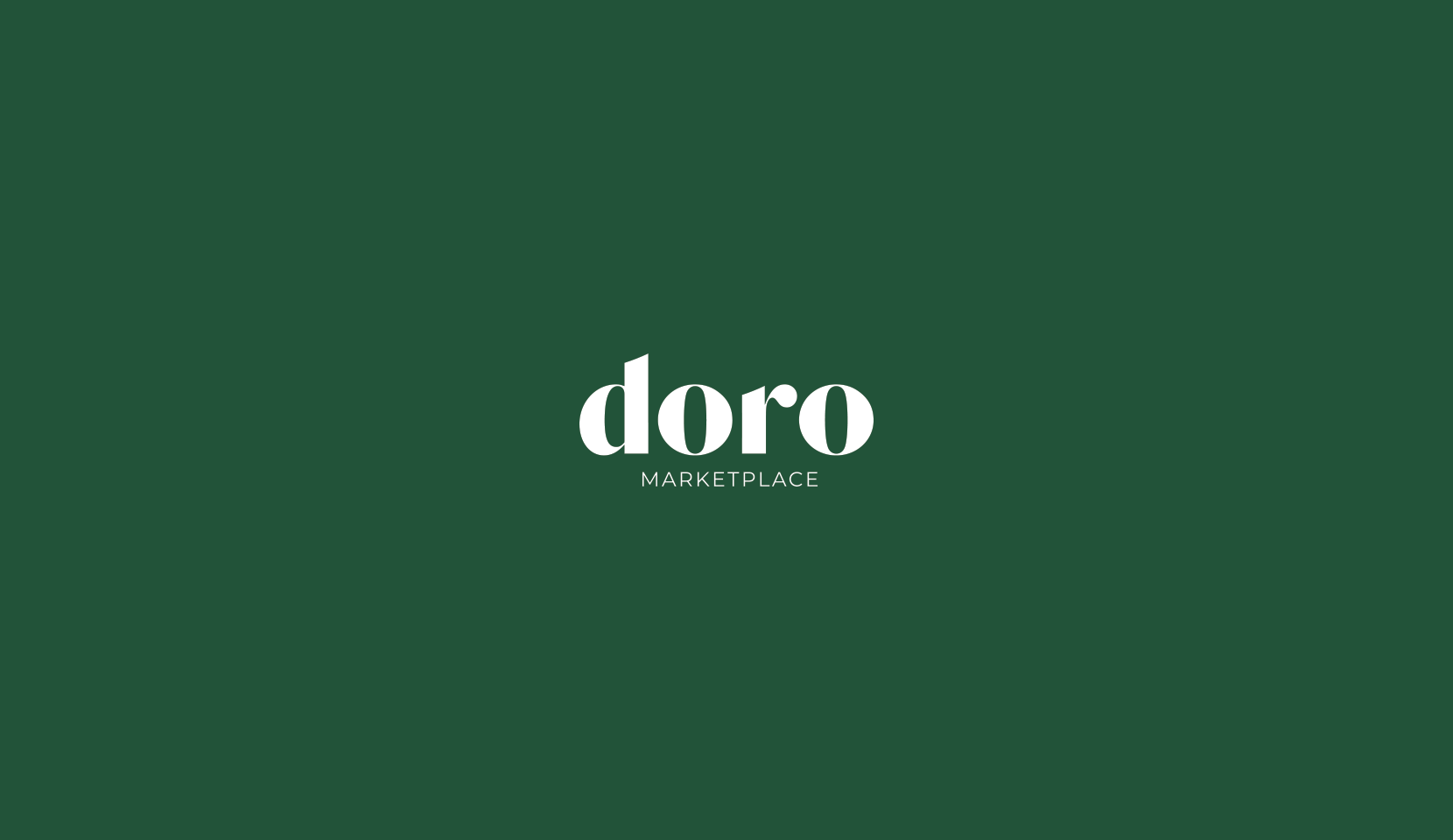 Animated GIF showcasing the evolution of the "Doro Marketplace" logo, transitioning from full brand name to a refined "d" icon with location info on a deep green background.