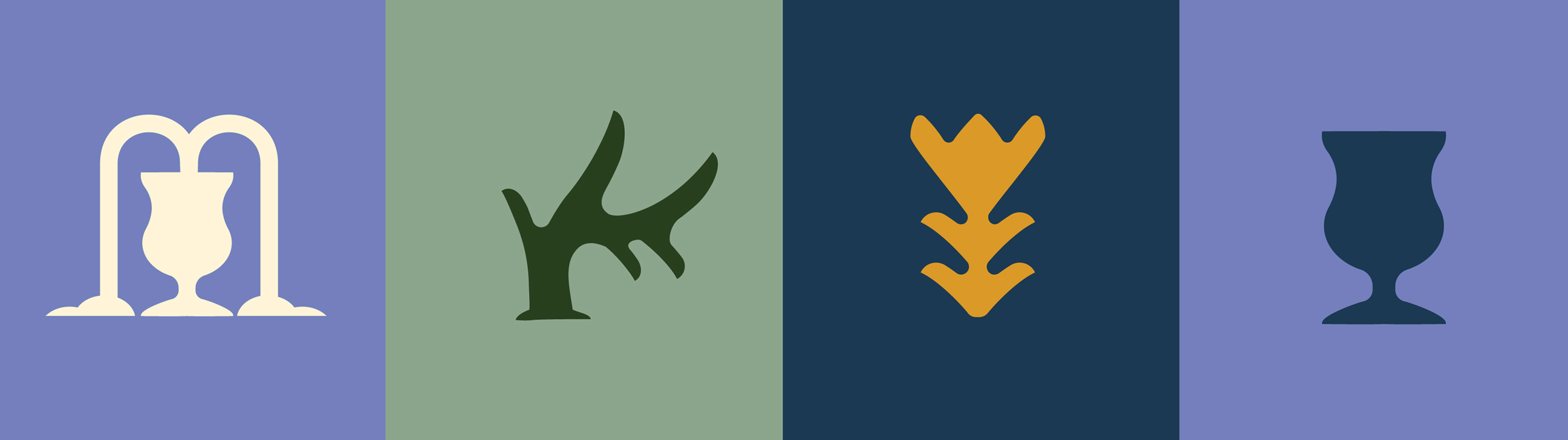 Graphic with four distinct icons—a stylized vase, a branched form, a geometric floral motif, and a stemmed glass—each set against a vertical band of a different muted color, creating a panel-like composition.