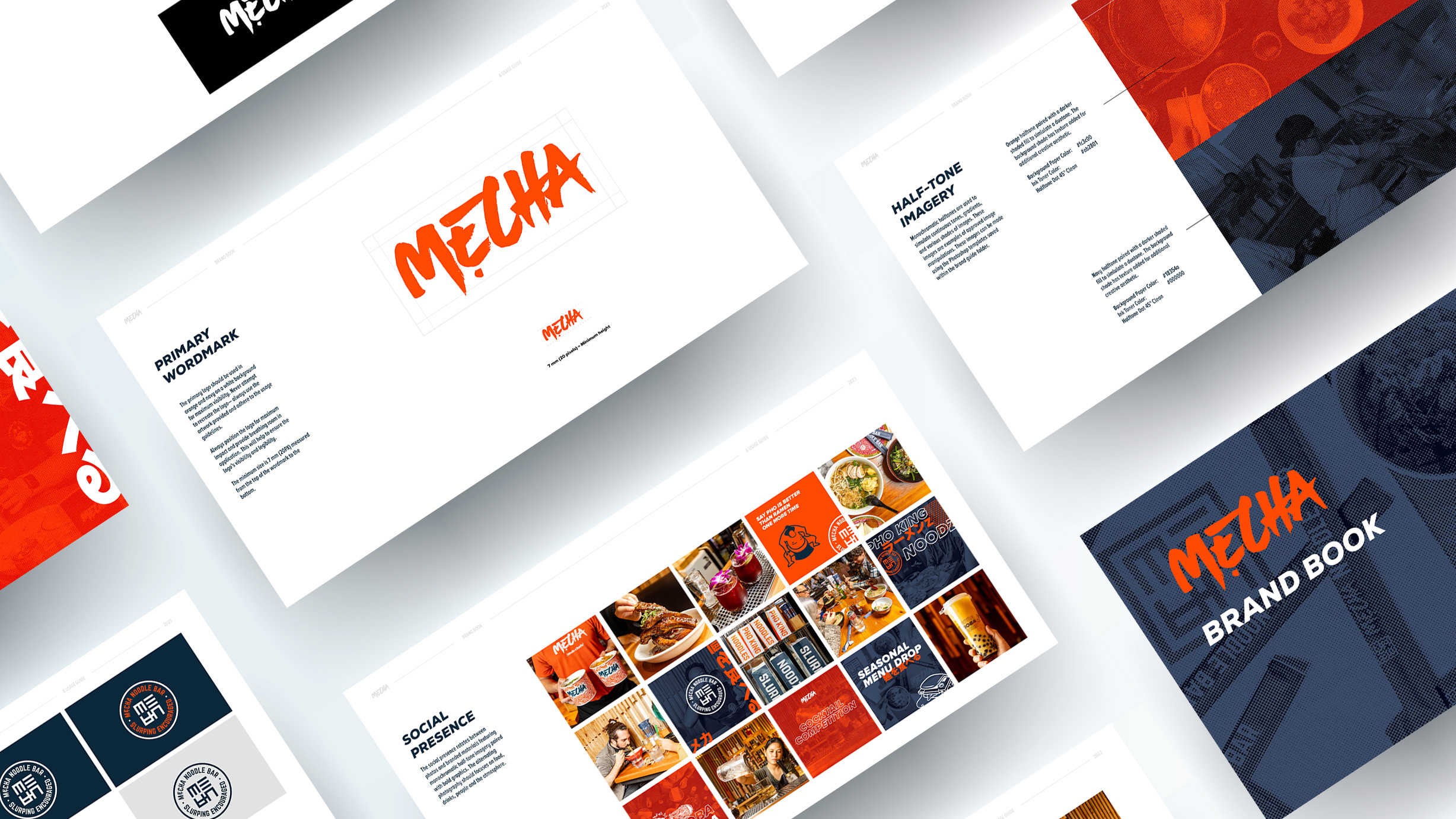 Angled view of several mockup screens showcasing Mecha Noodle Bar's brand guidelines, including logo variations, color palettes, typography, imagery styles, and social media applications.