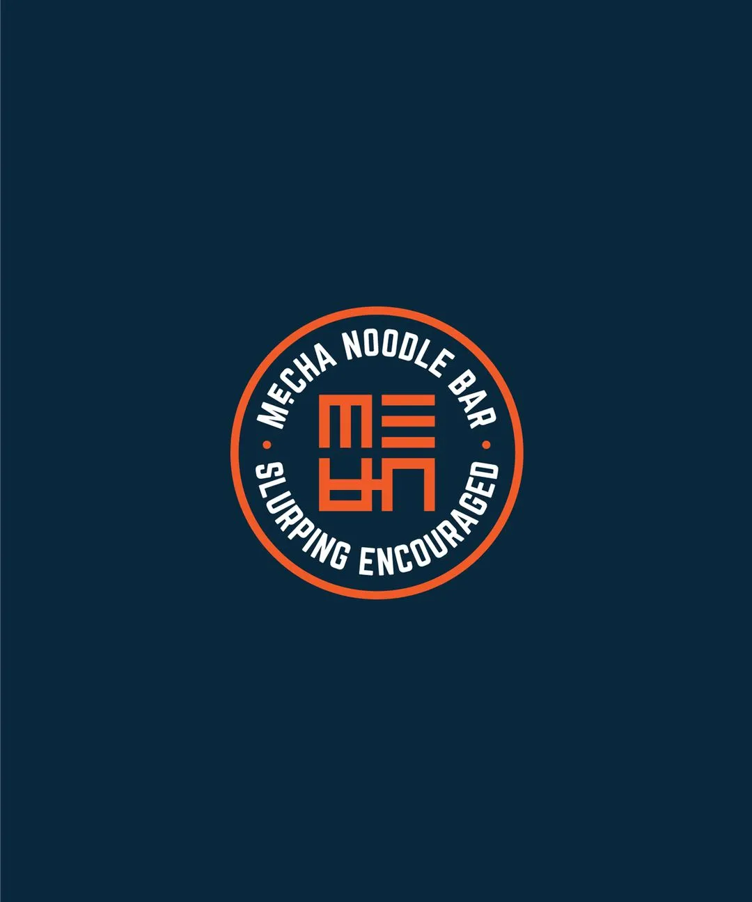 Circular logo for Mecha Noodle Bar, featuring a stylized geometric icon resembling a bowl and chopsticks, encircled by the text "MECHA NOODLE BAR" and "SLURPING ENCOURAGED" in a bold, sans-serif font, set against a dark blue background.