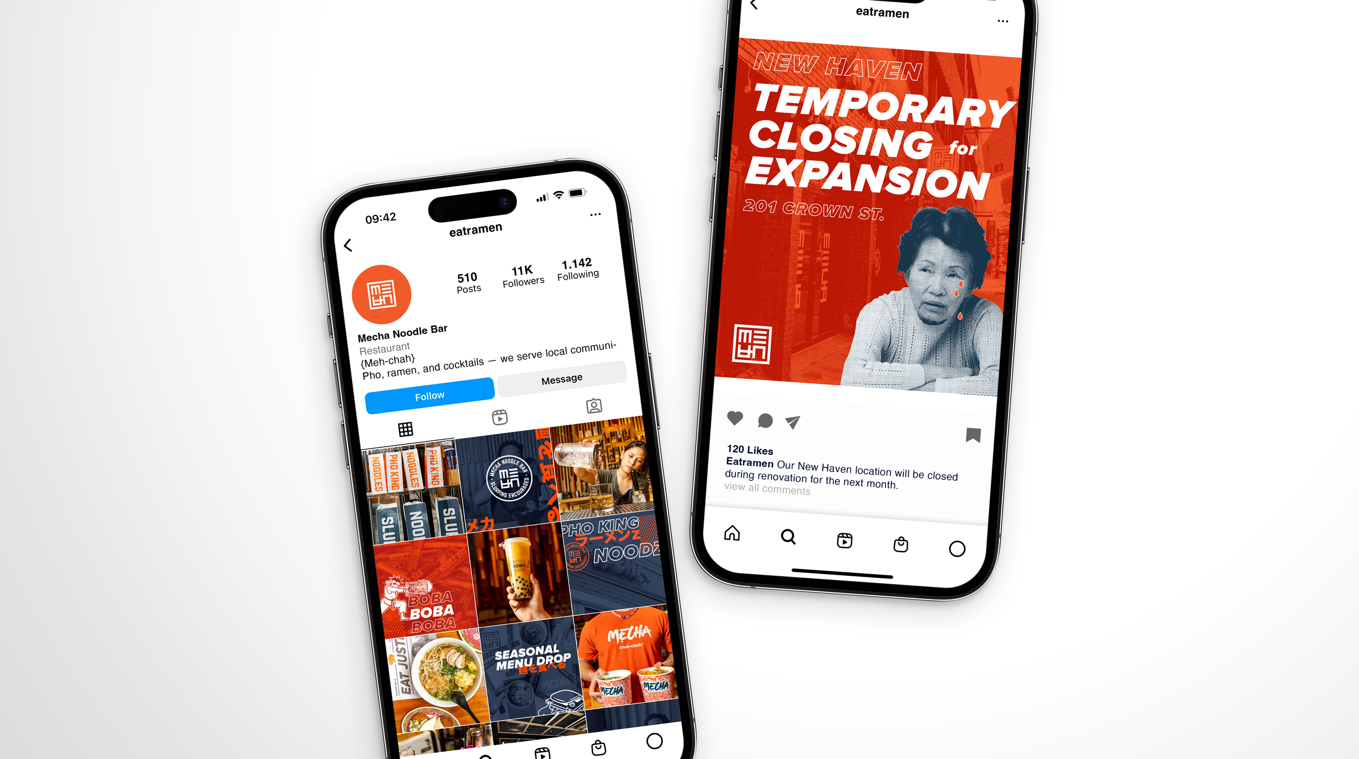 Mecha Noodle Bar's Instagram profile, highlighting their visual branding through logo and profile picture choices, along with key information about the restaurant, including location, phonetic pronunciation, and links to their website and other platforms.