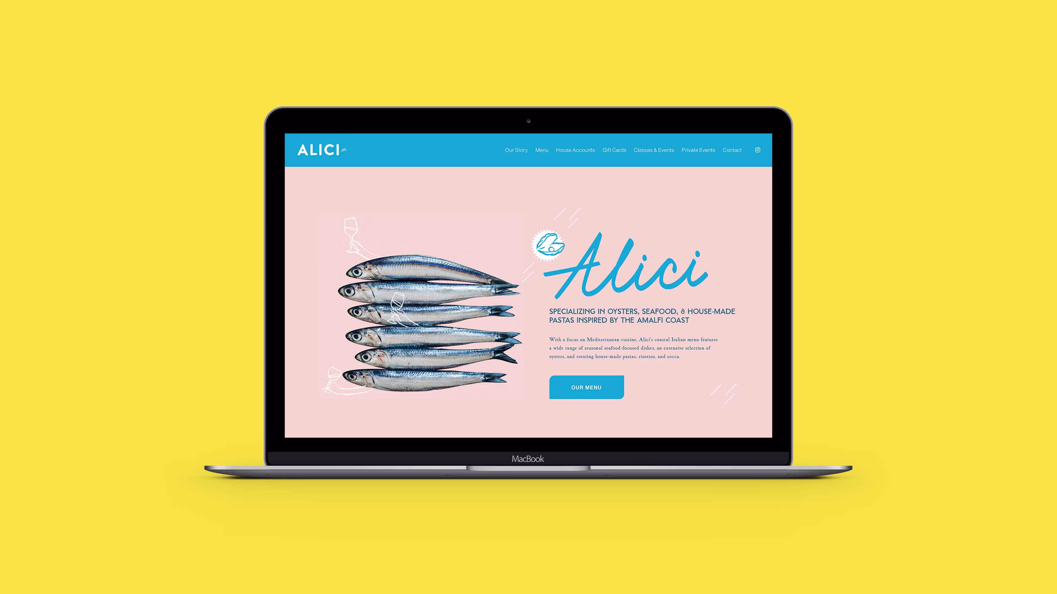 Image of the Alici website displayed on a laptop screen, showcasing the clean layout, playful fish illustrations, and brand messaging, highlighting the restaurant's online presence and visual identity.