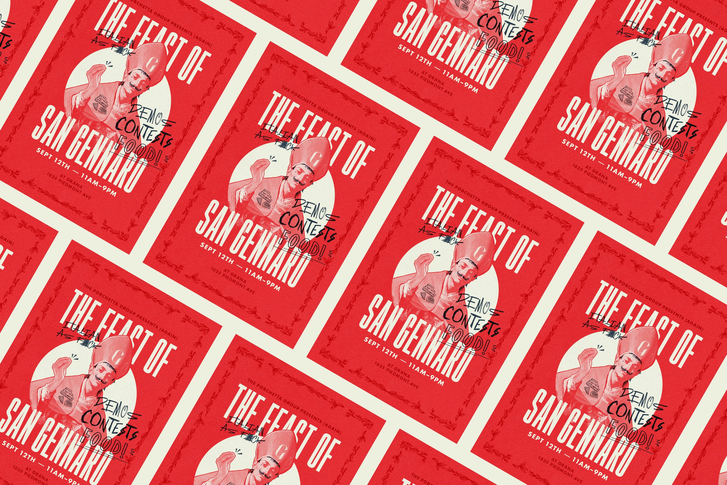 Image of a repeating pattern of posters advertising "The Feast of San Gennaro," featuring a stylized illustration of a person in a tall chef's hat, event details, and a bold red and cream color scheme.