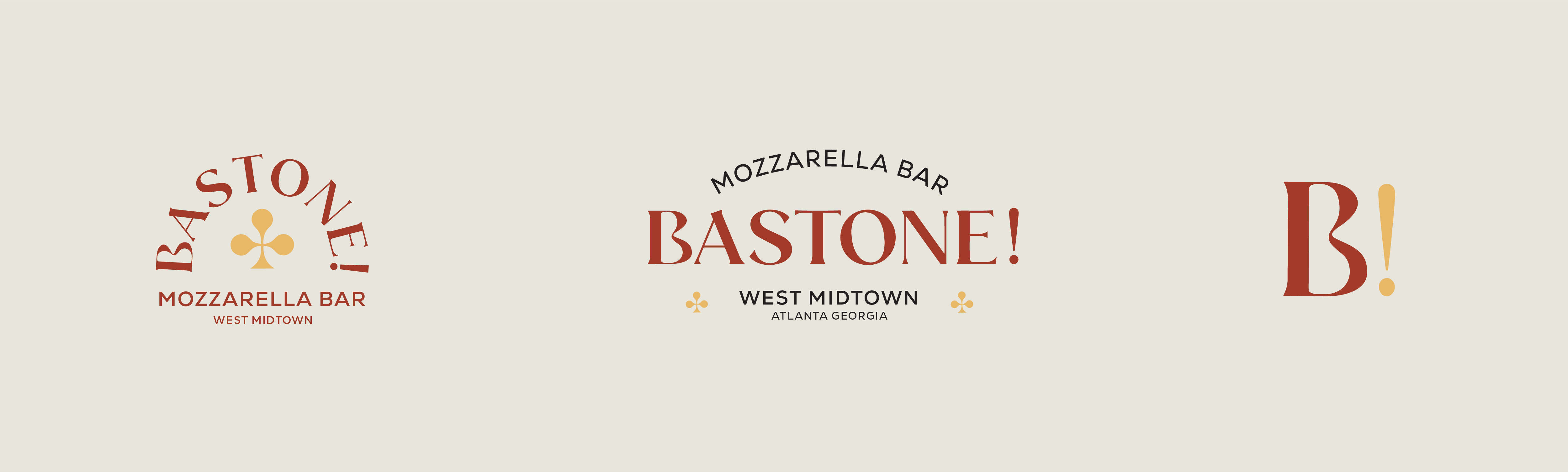 A visual representation of three distinct logo variations for "Bastone! Mozzarella Bar." The logos showcase a range of styles, from a circular design with a clover symbol to a simple, bold font with location details, and a minimalist "B" with an exclamation point. This collection demonstrates the versatility of the brand's visual identity.