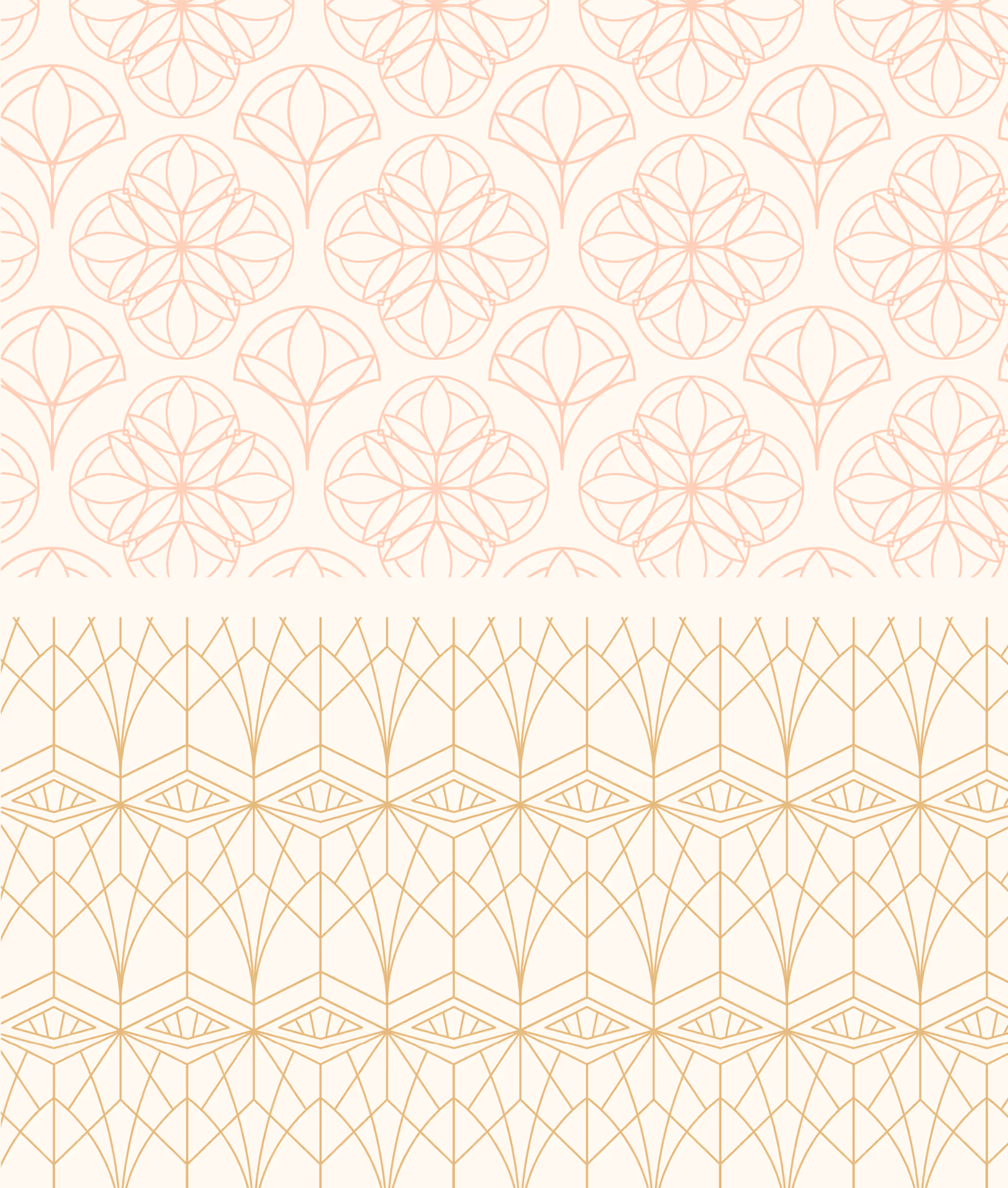Image showcasing two distinct repeating patterns. The top pattern features stylized floral motifs in soft pink outlines against a cream background, while the bottom pattern displays intricate geometric shapes in gold lines on a cream field.