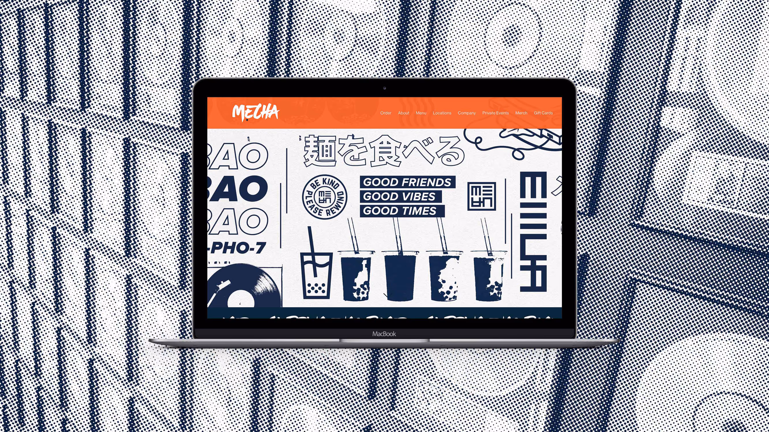 Laptop displaying the Mecha Noodle Bar website, showcasing its vibrant design with bold typography, playful illustrations, and a collage-like layout, set against a background of stylized record sleeves.