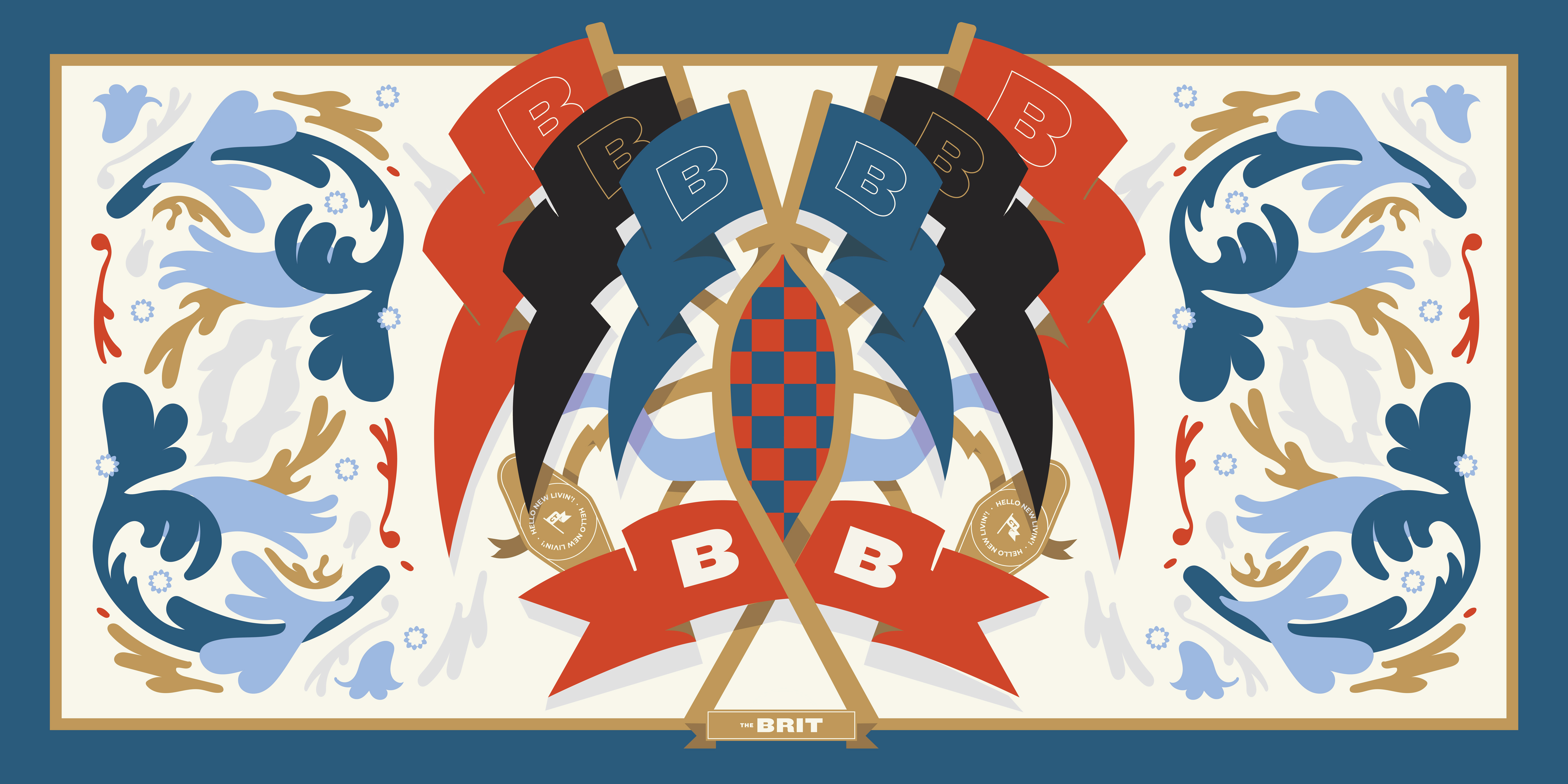 Graphic design for The Brit highlighting the combination of symbolic flags, geometric lightning bolts, and decorative floral motifs, creating a visually rich and distinctive brand representation.