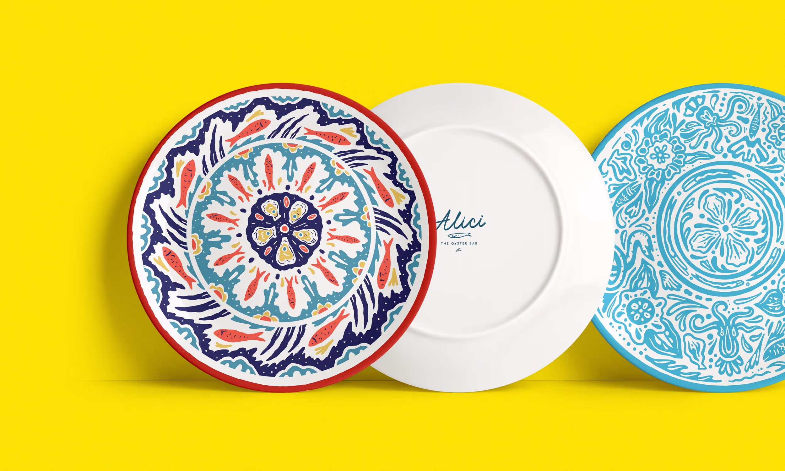 Image of three decorative Alici plates showcasing distinct designs with intricate patterns, vibrant colors, and the brand logo.