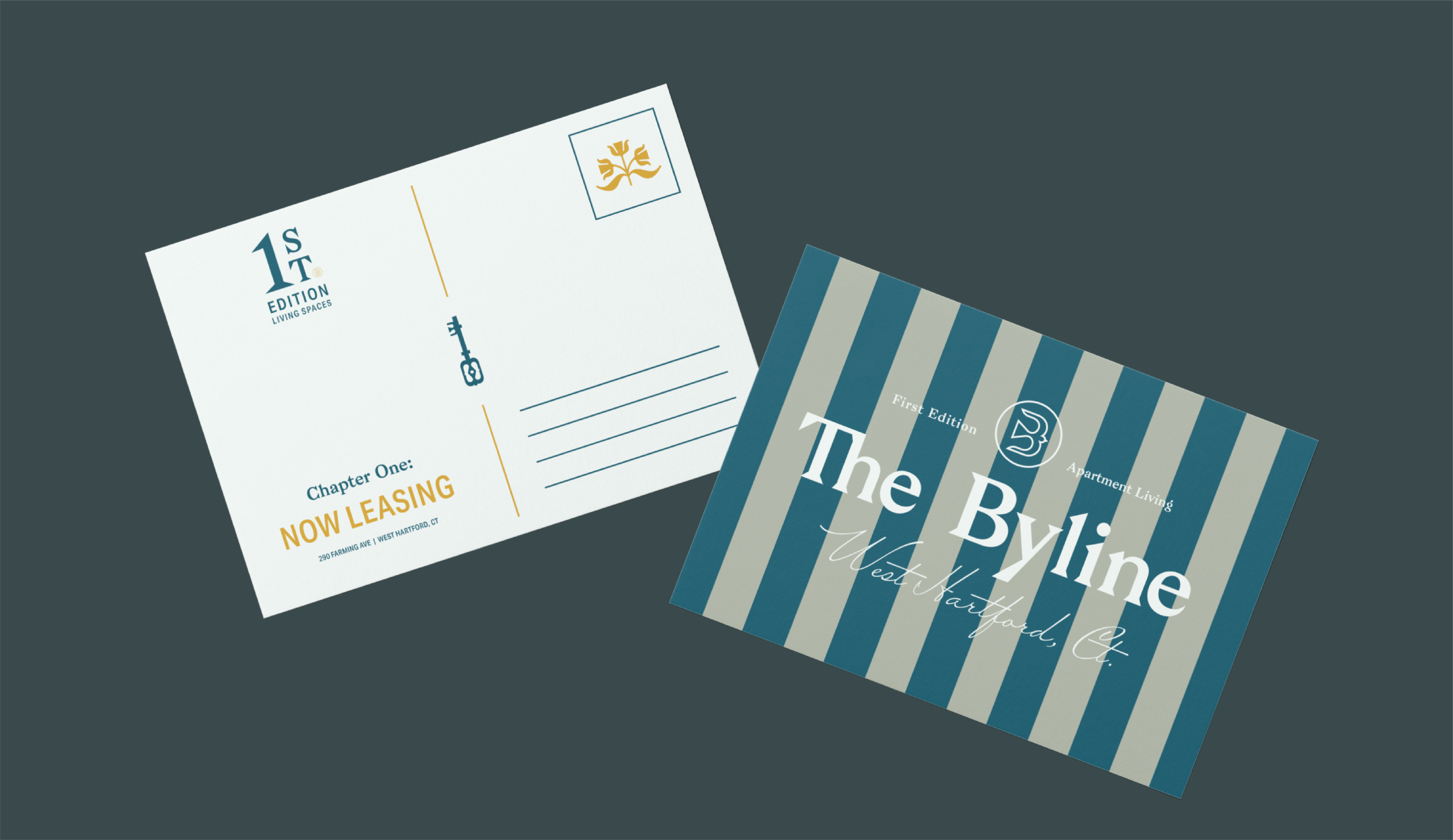 Image of marketing postcards for "The Byline" newsletter, highlighting the contrasting designs—one clean and text-focused, the other featuring the brand's logo and a bold pattern—showcasing the versatility of the brand's visual communication.