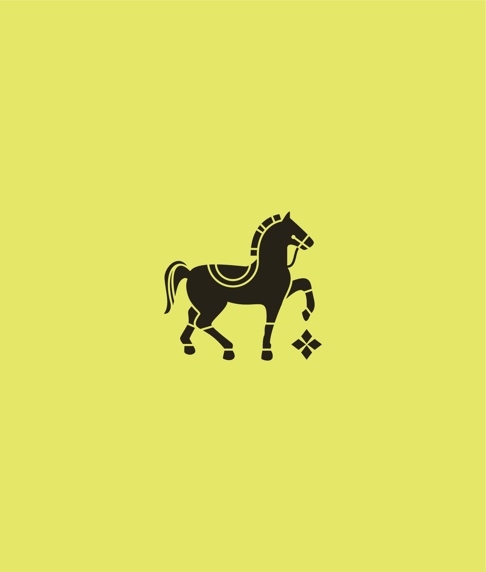 Stylized silhouette of a horse in profile, facing right, with a decorative saddle blanket detail, against a solid yellow background.