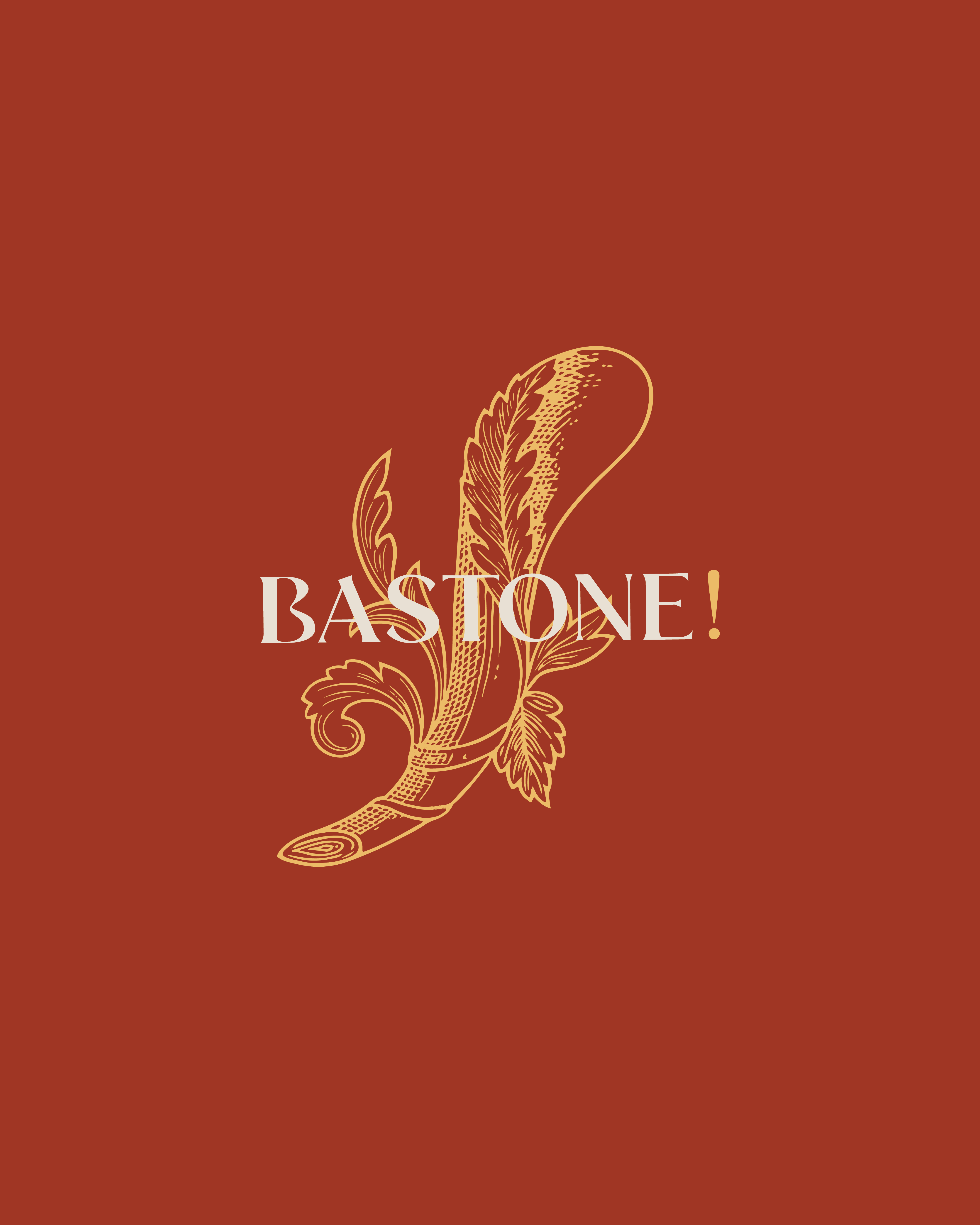 A logo featuring a stylized, ornate illustration on a vibrant red background. The word "BASTONE!" is displayed in white text in front the illustration.