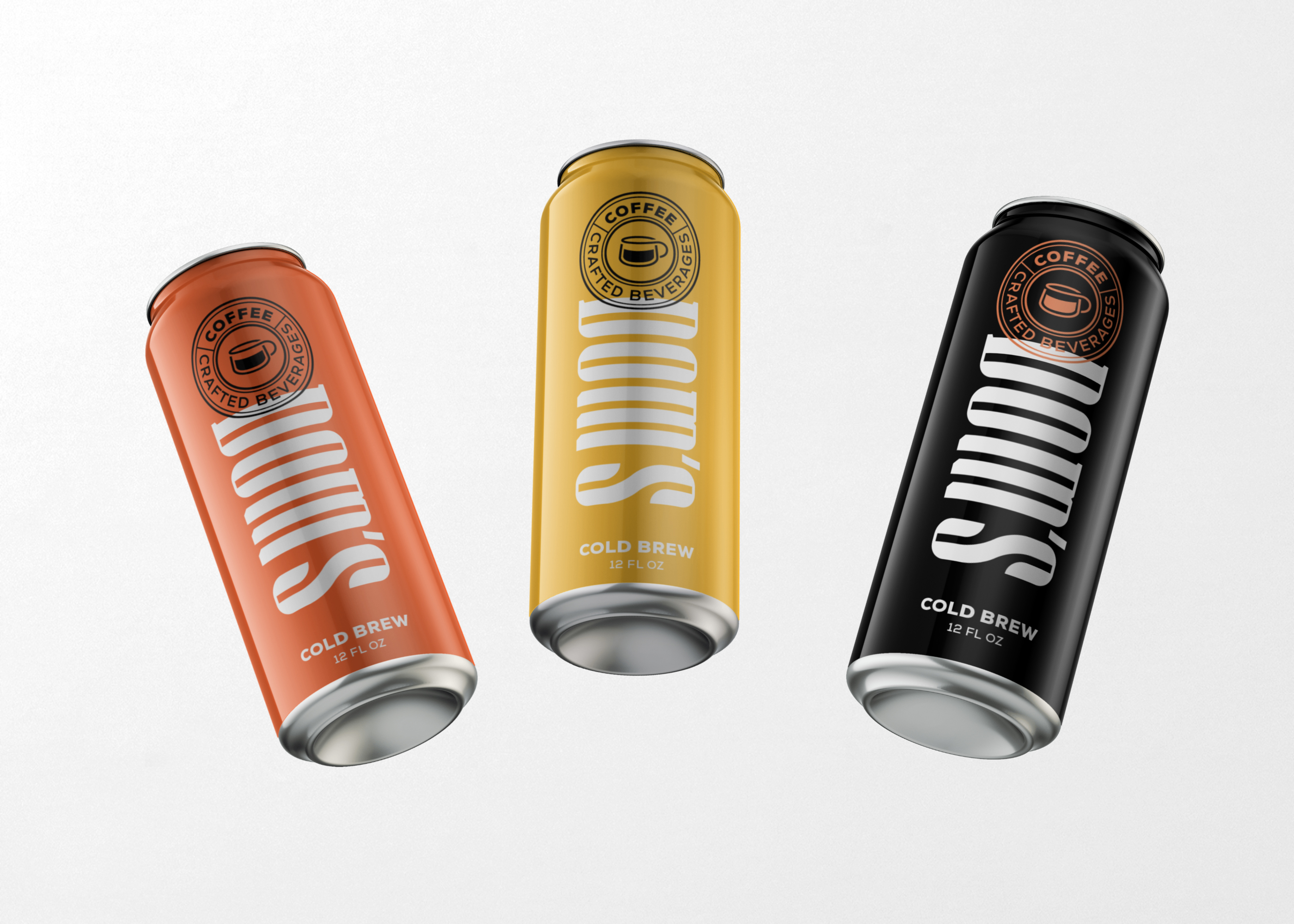 Three Dom's cold brew cans in different colors (orange, yellow, black) angled against a white background, showcasing the minimalist design and branding.