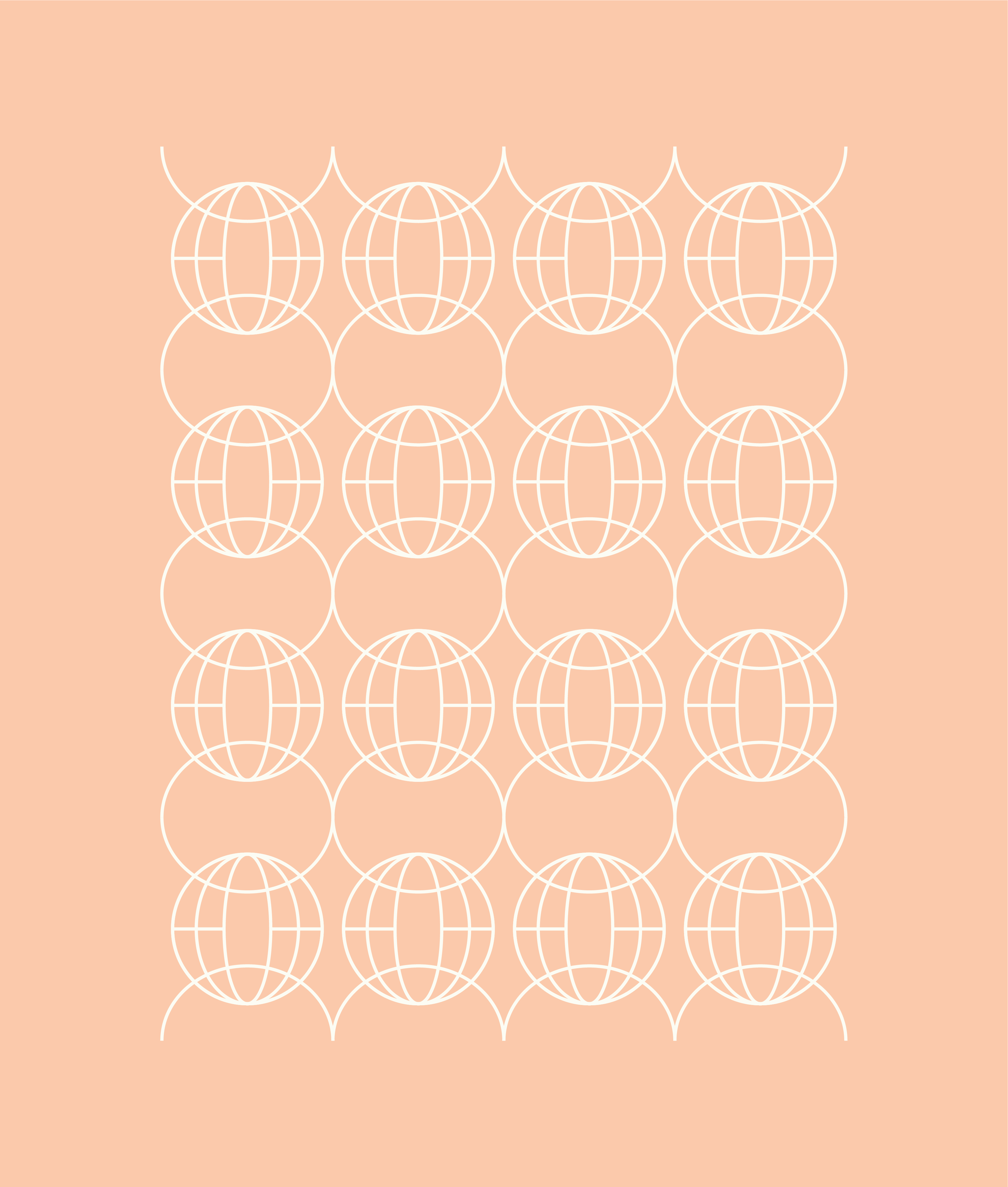 Seamless repeating pattern of outlined globes connected by curved lines, creating a geometric and interconnected design against a peach background.