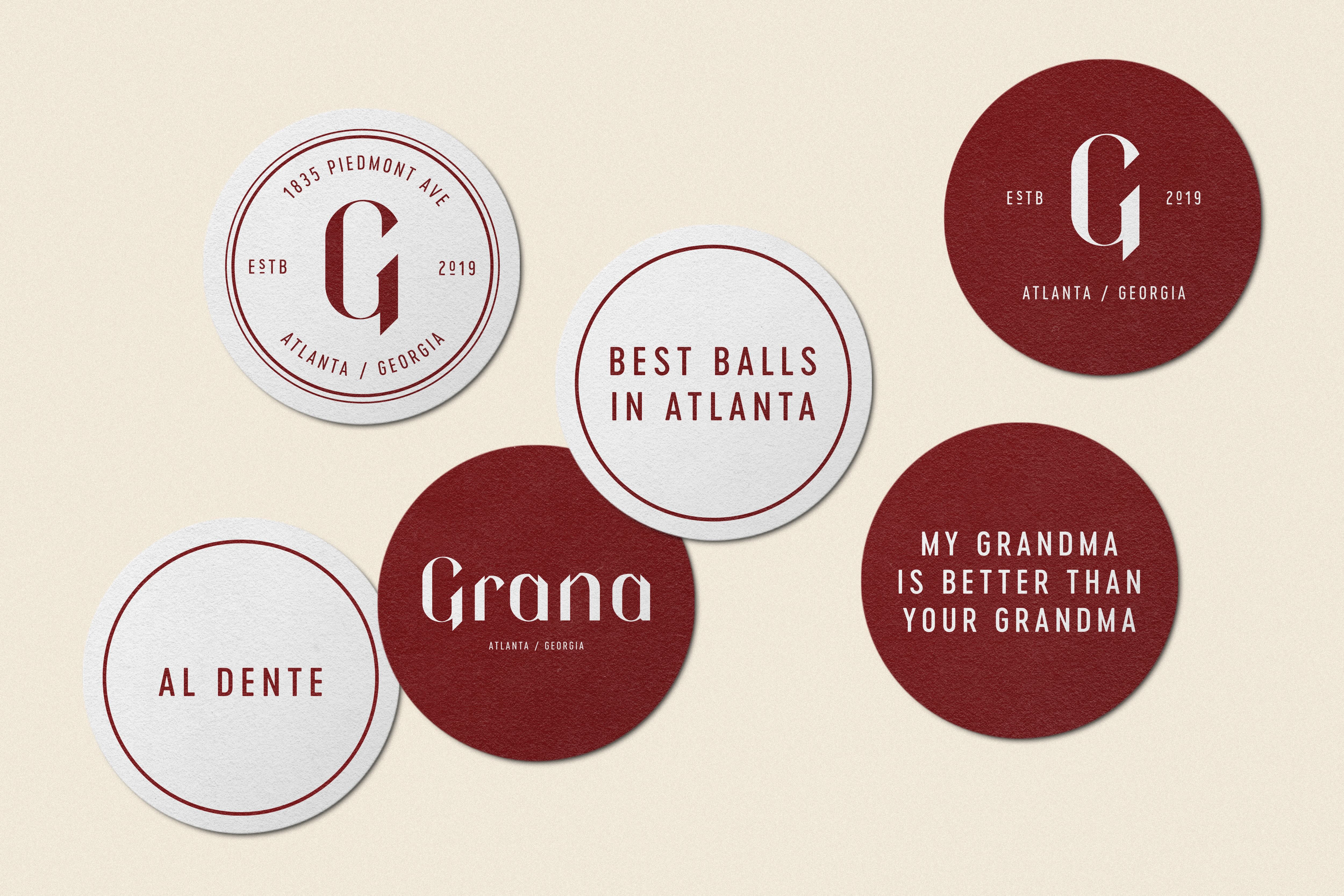 Flat lay of six coaster mockups showcasing Grana's branding, featuring variations of the logo, location details, and taglines.