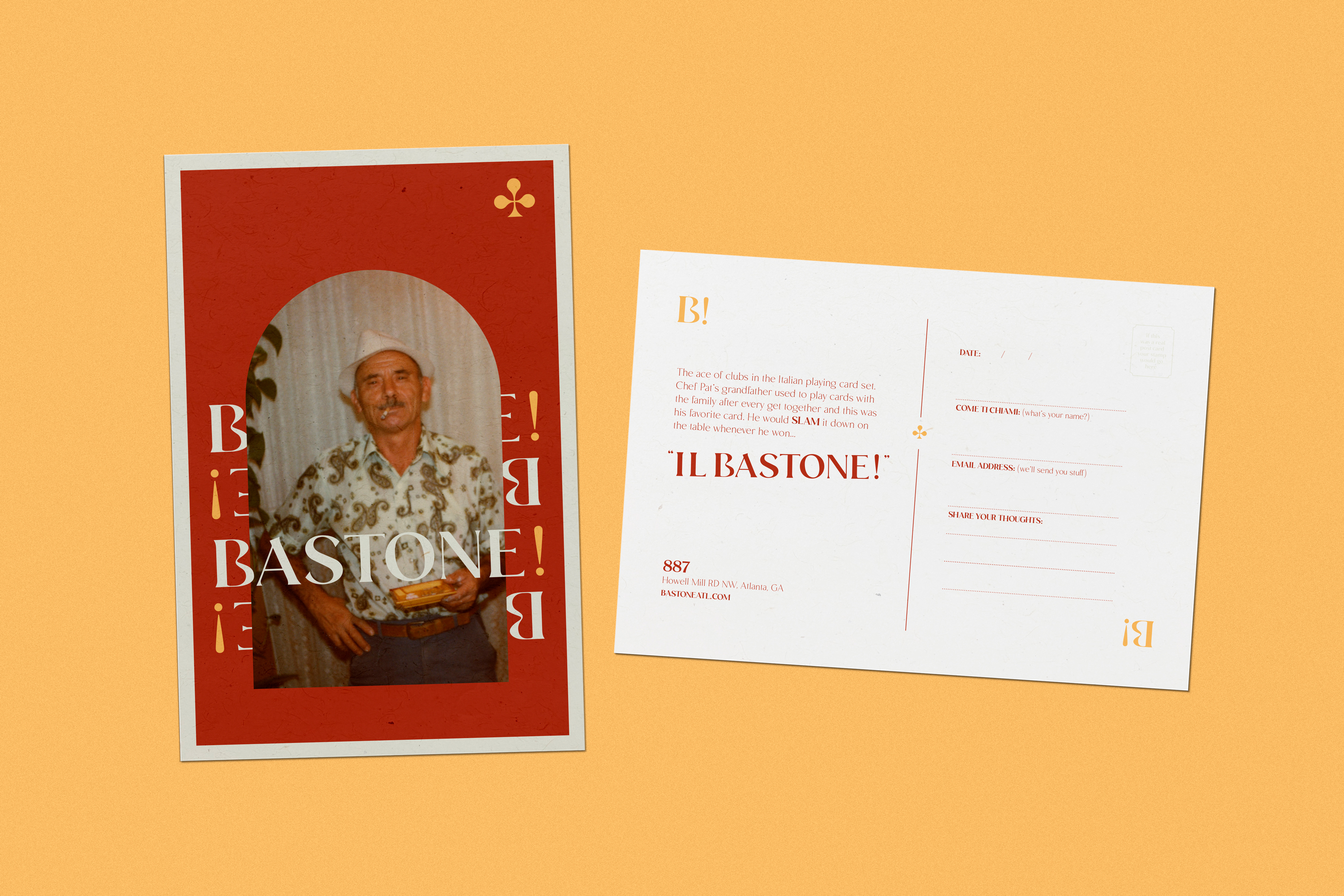 A digital illustration of a vintage-style postcard. The front features a retro photograph and the "Bastone!" logo in a circular frame. The back includes a traditional postcard layout with spaces for writing and the brand logo.