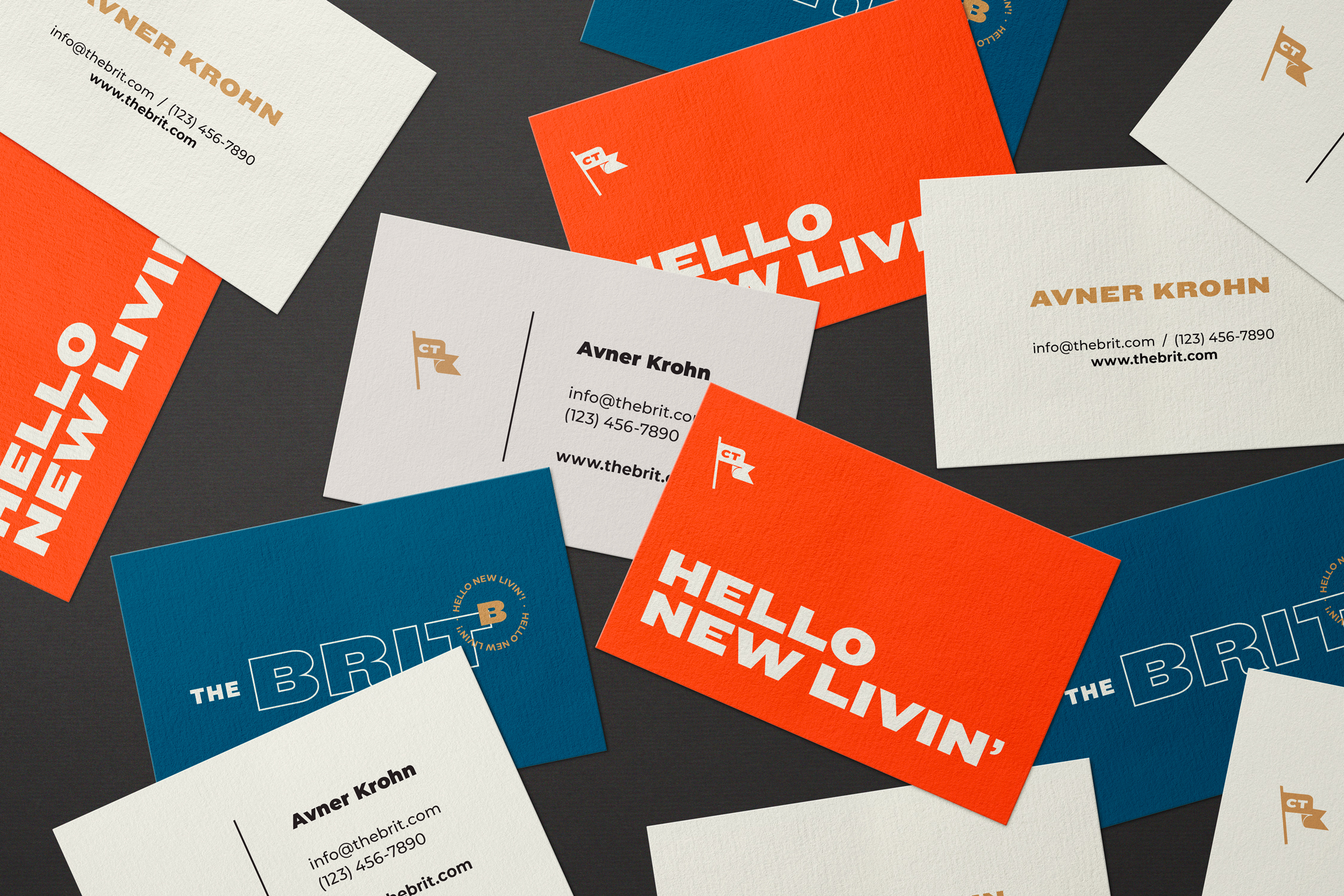 Image of multiple business cards for The Brit, showcasing variations in color, layout, and branding elements, including the logo, contact information, and tagline ("Hello New Livin'").