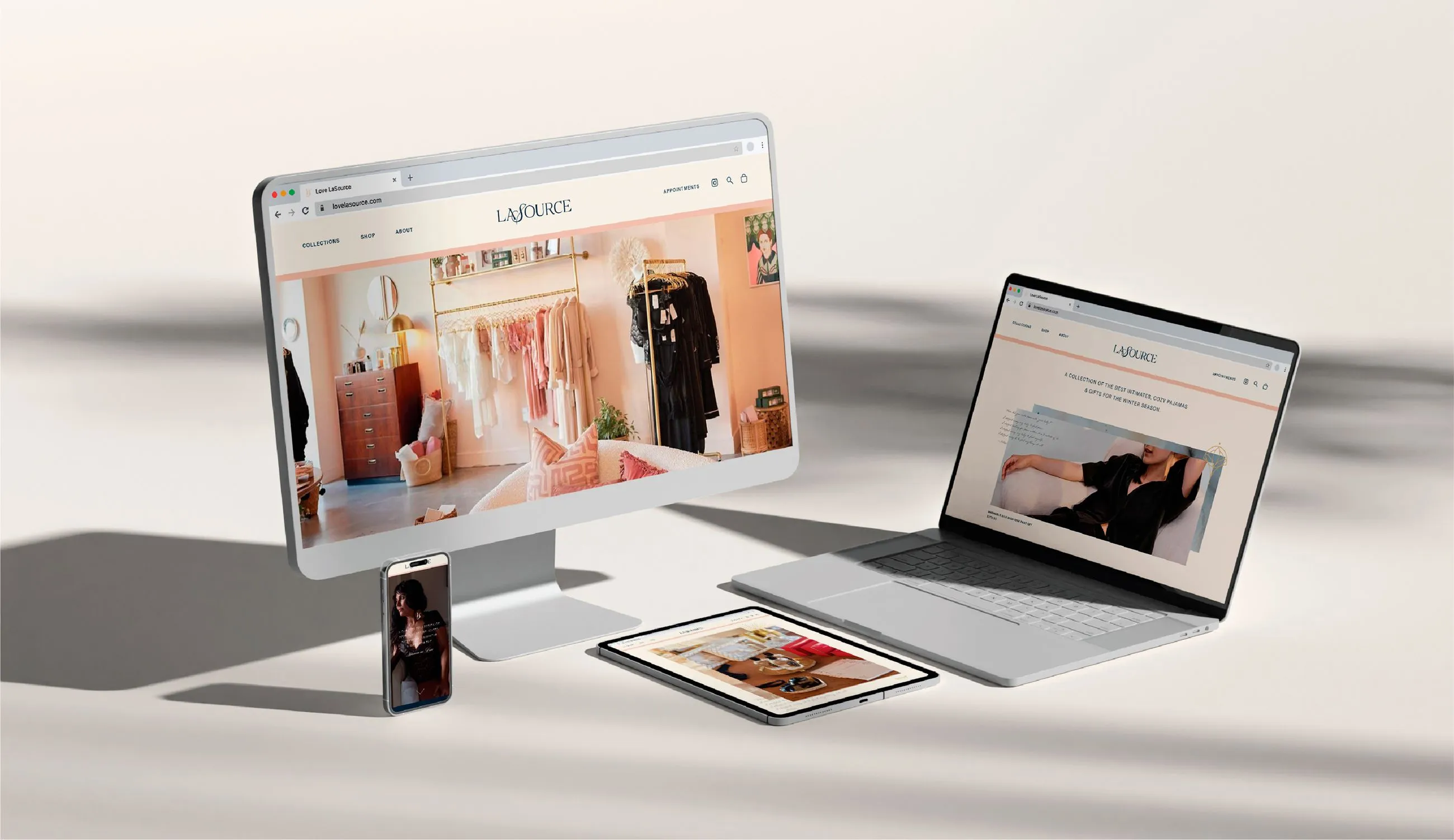 Mockup showcasing the LASOURCE website across desktop, laptop, tablet, and mobile phone, highlighting the responsive design and consistent branding with lifestyle imagery and a minimalist layout.