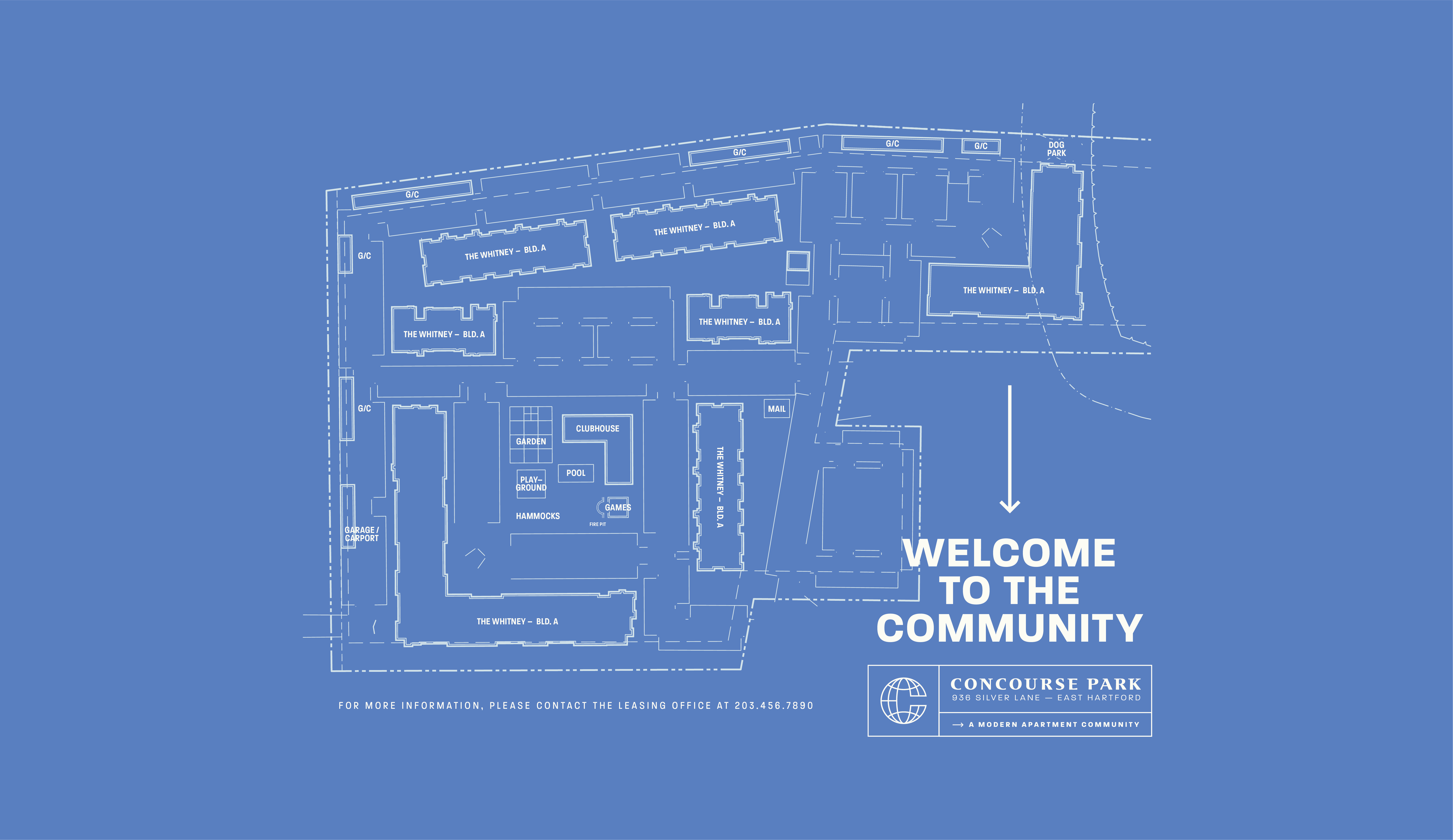 Blueprint-style site plan of Concourse Park, featuring building outlines, labels, directional arrows, and the Concourse Park logo, conveying the layout and branding of the apartment complex.