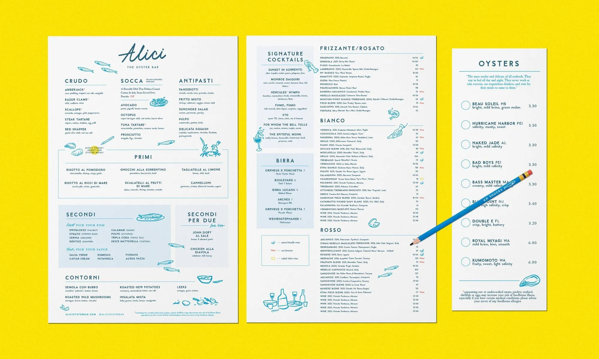 Image of a three-panel Alici menu design featuring a clean layout, custom typography, playful fish illustrations, and a bright yellow background, showcasing the restaurant's offerings and brand aesthetic.